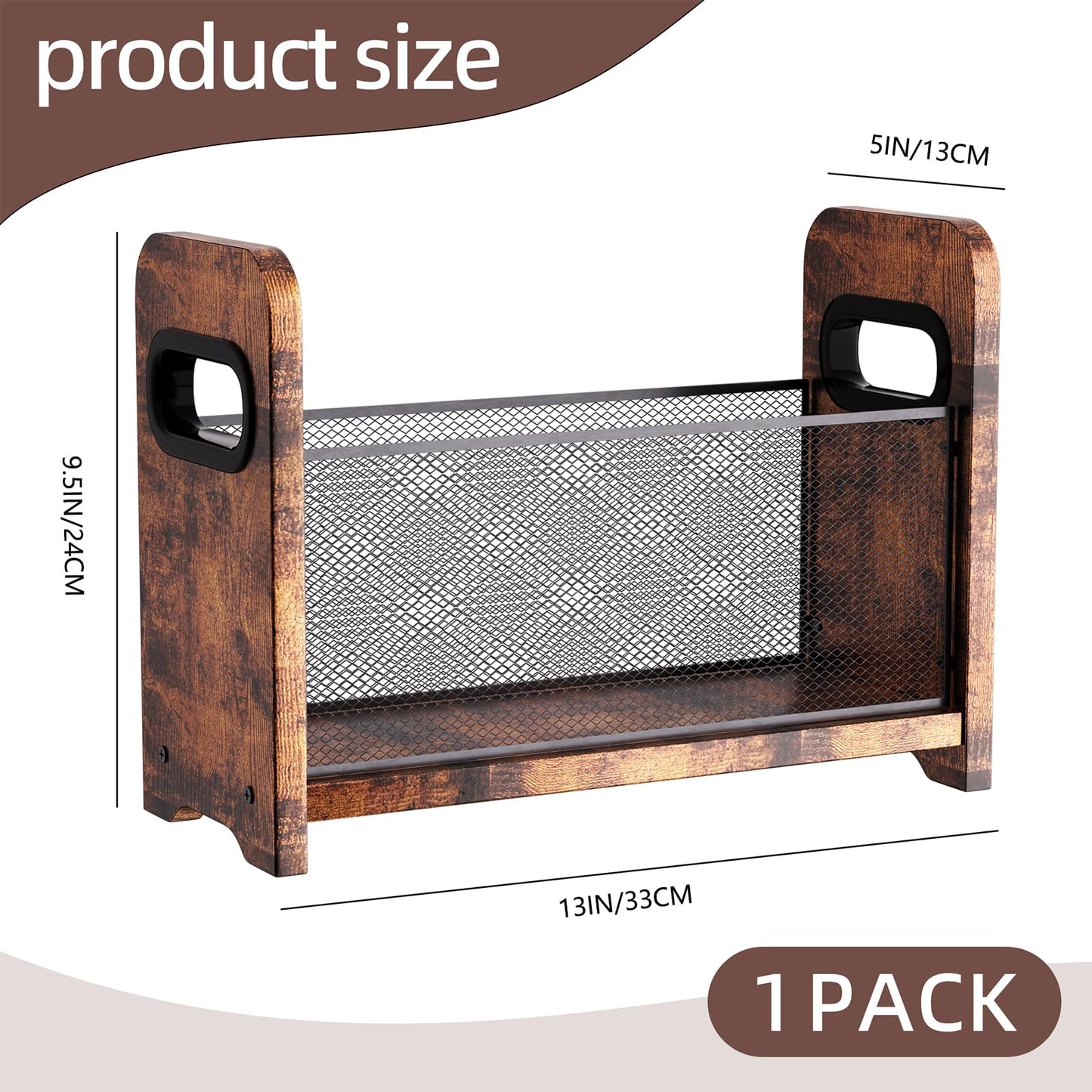 ASIFMTHOT Wood Magazine Holder & Rack - Retro Brown Mesh Storage Basket for Books, Newspapers, Files - Desk/Floor Organizer