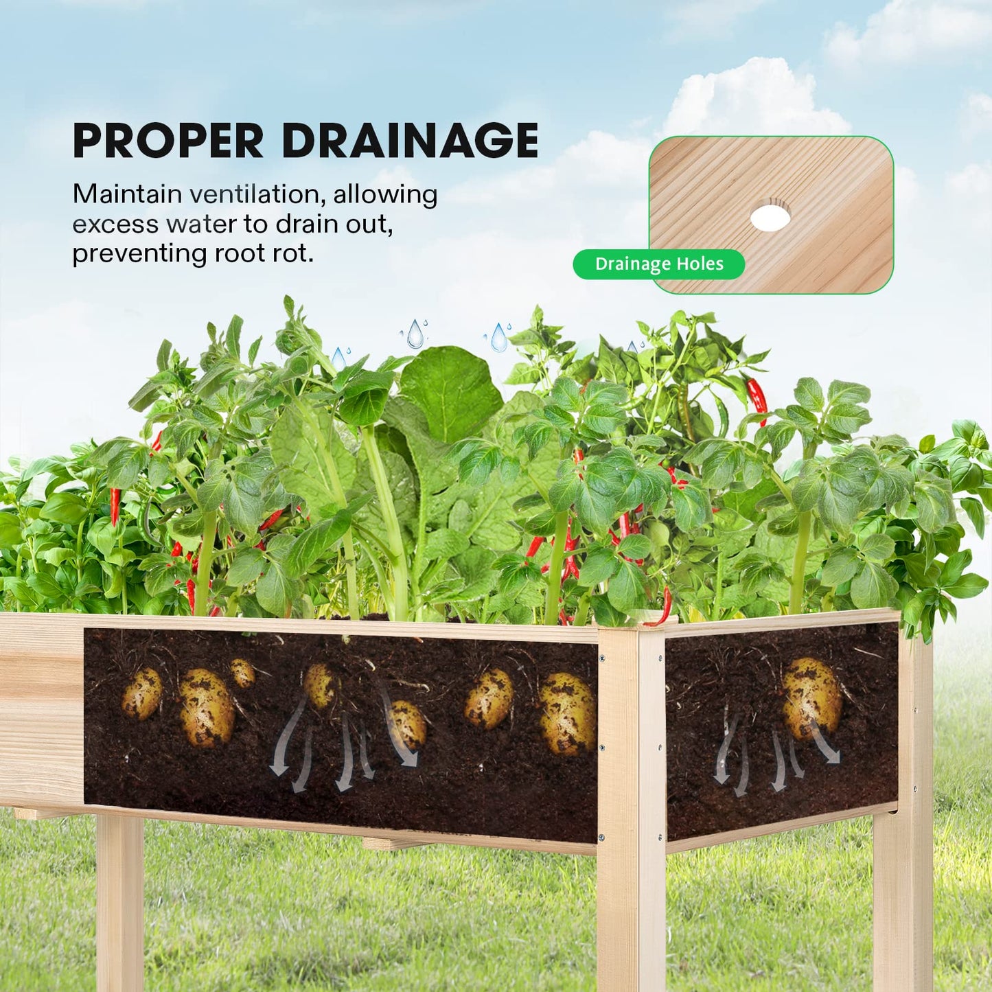 VIVOSUN Elevated Wooden Raised Garden Bed, 48 x 24 x 30 Inches, Outdoor Wood Planter Box w Bed Liner and Gloves for Garden, Patio, Balcony, Backyard and Outdoors, 220-Pound Capacity