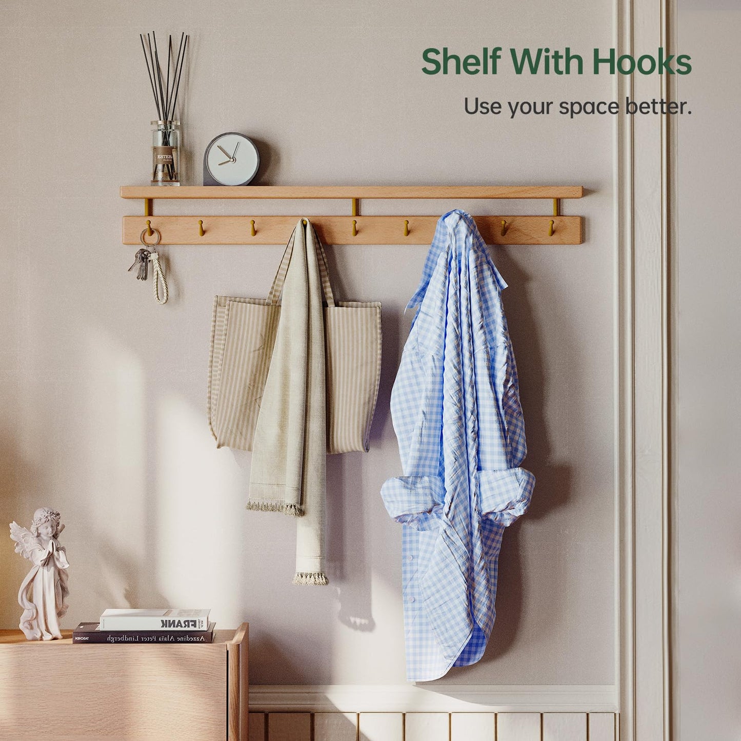 Wayshome Solid Wood Wall Hooks with Shelf, Coat Rack Wall Mount, Entryway Hanging Shelf with 9 Brass Hooks for Hats, Clothes, Towels, Bags, Beech Wood, Natural