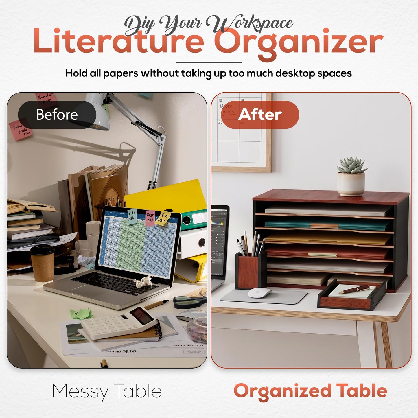 DL Davis lorence Wooden Paper Organizer 20.25"W x 12.25"H x 13.25"D, 6-Tier Storage for 12"x18" & 11"x17" Sheets, Includes Matching Pen Holder & Tray, Ideal for Office, Home, Art Room and Classroom