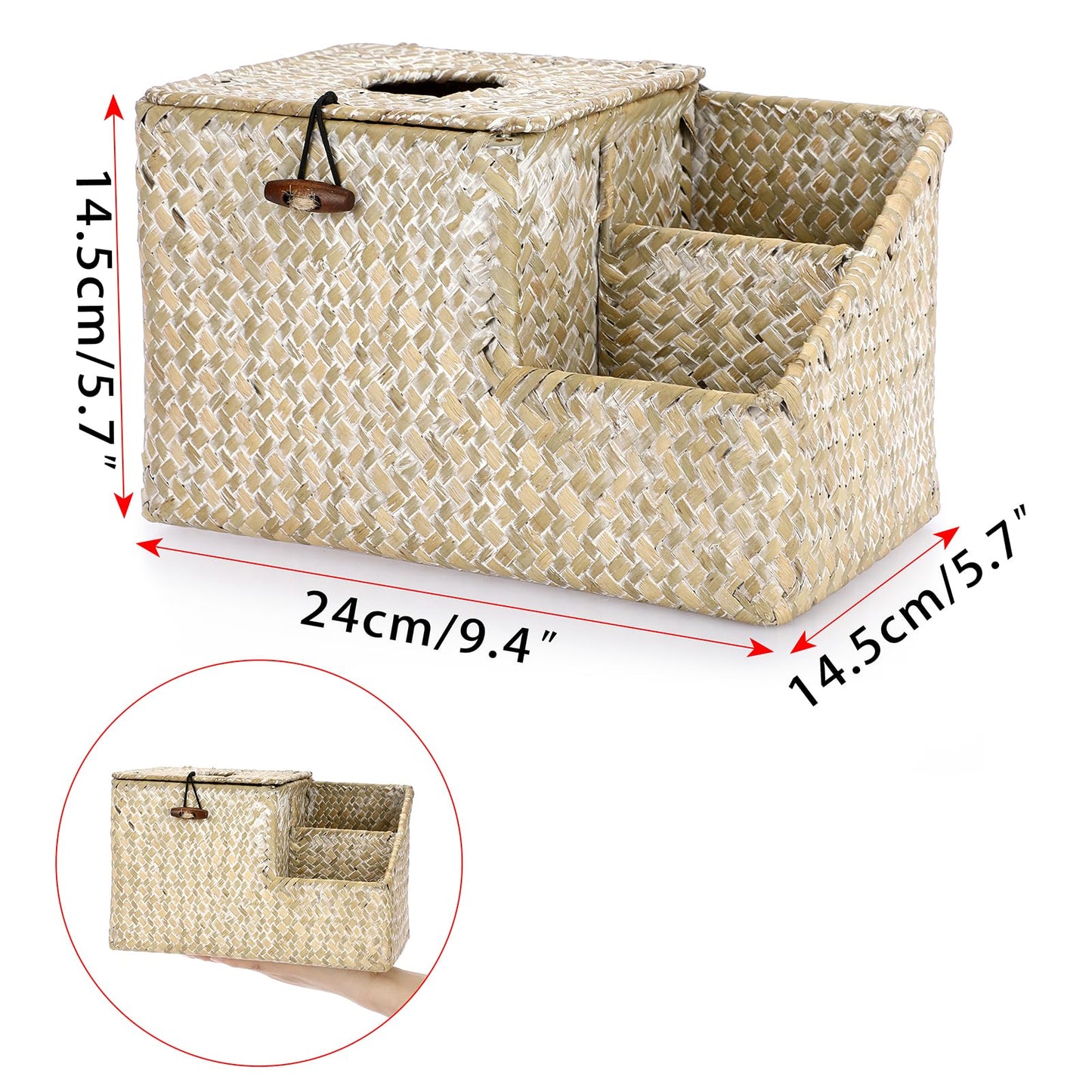 Sumnacon Tissue Box Cover-Square Woven Tissue Box Organizer for Desk Rustic Seagrass Tissue Box Holder with Side Organizer Decorative Cube Tissue Cover for Bathroom Home Office Table Counter Whitewash