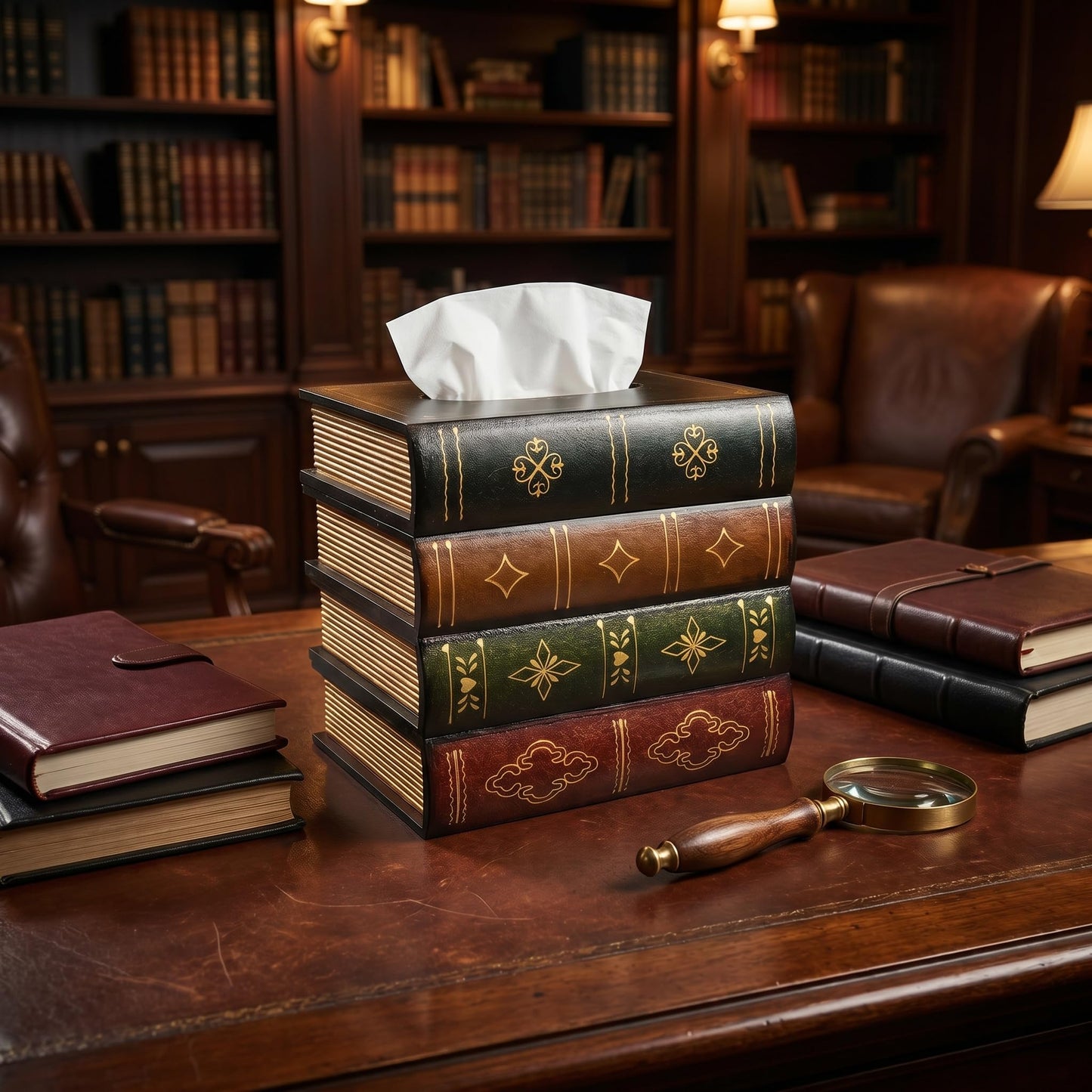 Hand-Made Retro Wooden Antique Book Tissue Box Cover Square Tissue Holder Dispenser Paper Cover Case Napkin Holder Home Decor for Bathroom Living Room Office car Kitchen (Dark Green)