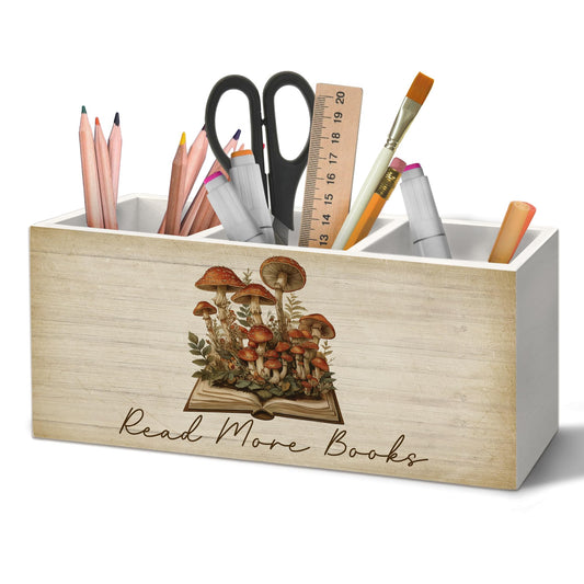 Yjeslw Mushroom Classroom Pen Holder Organizer for Desk Accessories, Read More Books Bookish Wooden Box Desk Decorations for Kids Reading Corner Nook Room School Decor, Book Lovers Reader Gifts