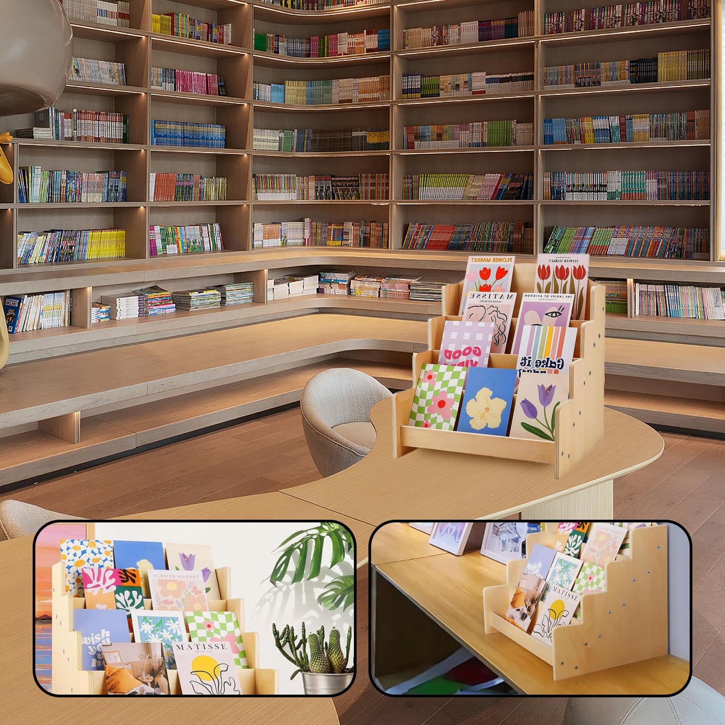ZHIYUEJING 4-Tier Wooden Greeting Card Display Stand, Sticker Card Display Stand & Postcard Holder,Greeting Card Organizer,Retail Counter Rack for Brochures, Photos, &Stationery