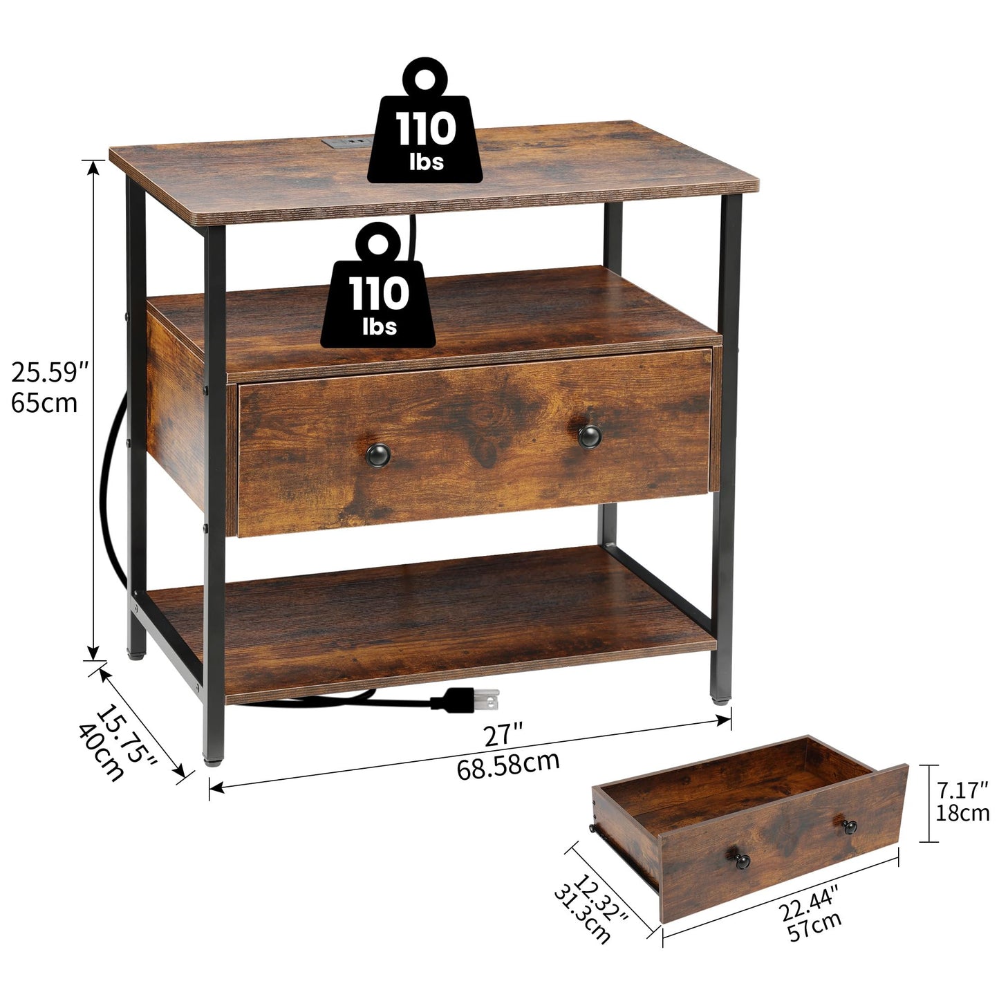 Edbuosy 27 Inch Wide Night Stand with Charging Station, Wood Nightstand with Open Shelf, Large Drawer Bedside Table for Living Room/Bedroom/Office, Retro Brown