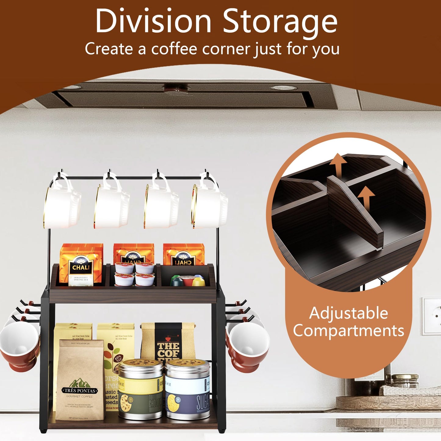 IUMLXJO 2 Tier Coffee Bar Accessories Organizer, Wooden Coffee Mug Rack Holder with 6 Cup Coffee Pod Box,14 Hooks, Metal Kitchen Shelf Organizer for Accessories Station Countertop
