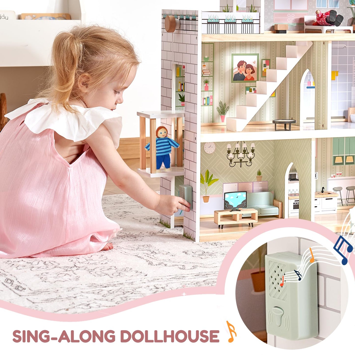 Giant bean Large Pink Wooden Dollhouse with Furniture for Girls with Doorbell, Light,Elevator, 6 Rooms 2.6ft High,17Pcs Furniture & 3 Dolls, Kids Playhouse Toy for Girls 3-7+, 31.5" x 25" x 12.2"