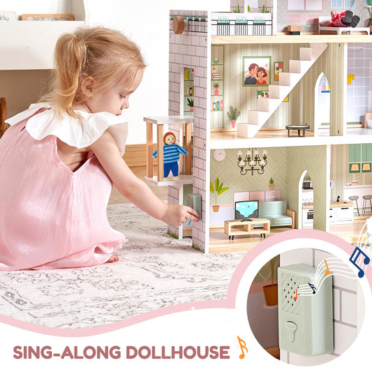 Giant bean Large Pink Wooden Dollhouse with Furniture for Girls with Doorbell, Light,Elevator, 6 Rooms 2.6ft High,17Pcs Furniture & 3 Dolls, Kids Playhouse Toy for Girls 3-7+, 31.5" x 25" x 12.2"