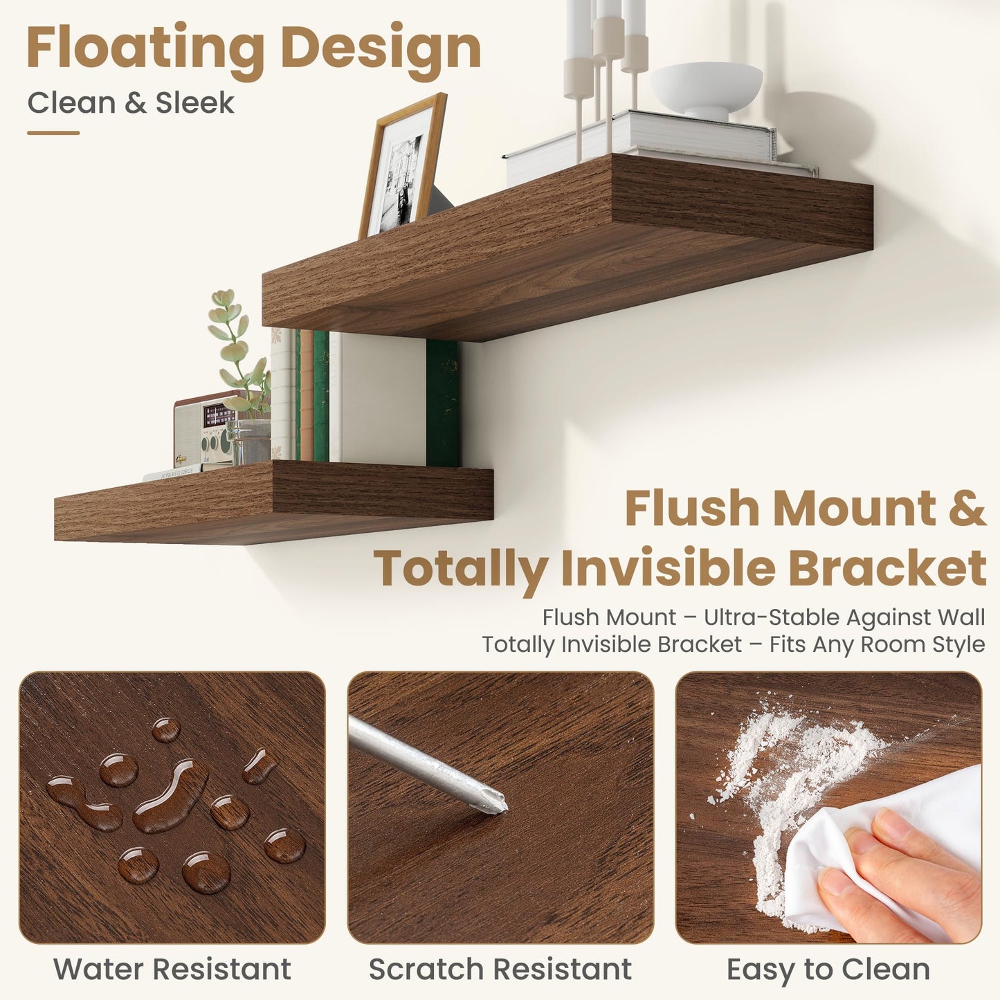 FLYJOE 24 Inch Long Floating Shelves for Wall Set of 2, 12" D Wood Grain Bathroom Shelves with Invisible Brackets, Easy Install Engineered Wood Storage Shelves for Kitchen, Living Room, Bedroom