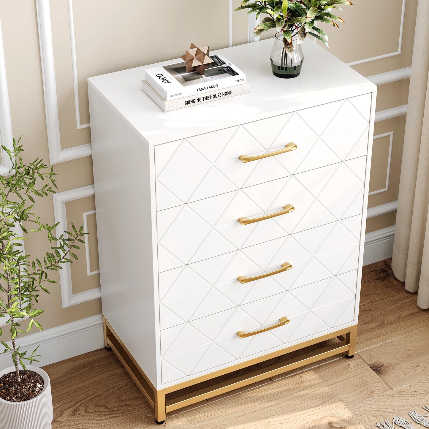 GarveeHome Wooden Dresser for Bedroom, Dressers & Chest of Drawers with 4 Drawer, Wood nightstand for Storage and Organization (White)