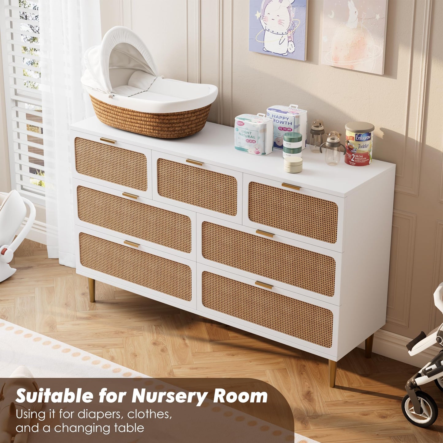 GarveeHome Rattan 7 Drawer Dressers for Bedroom, Tall Dresser with Deep Drawers, Large Chest of Drawers for Closet with Wide Top, Long Wooden Dresser for Living Room, Hallway, Kids Room, White