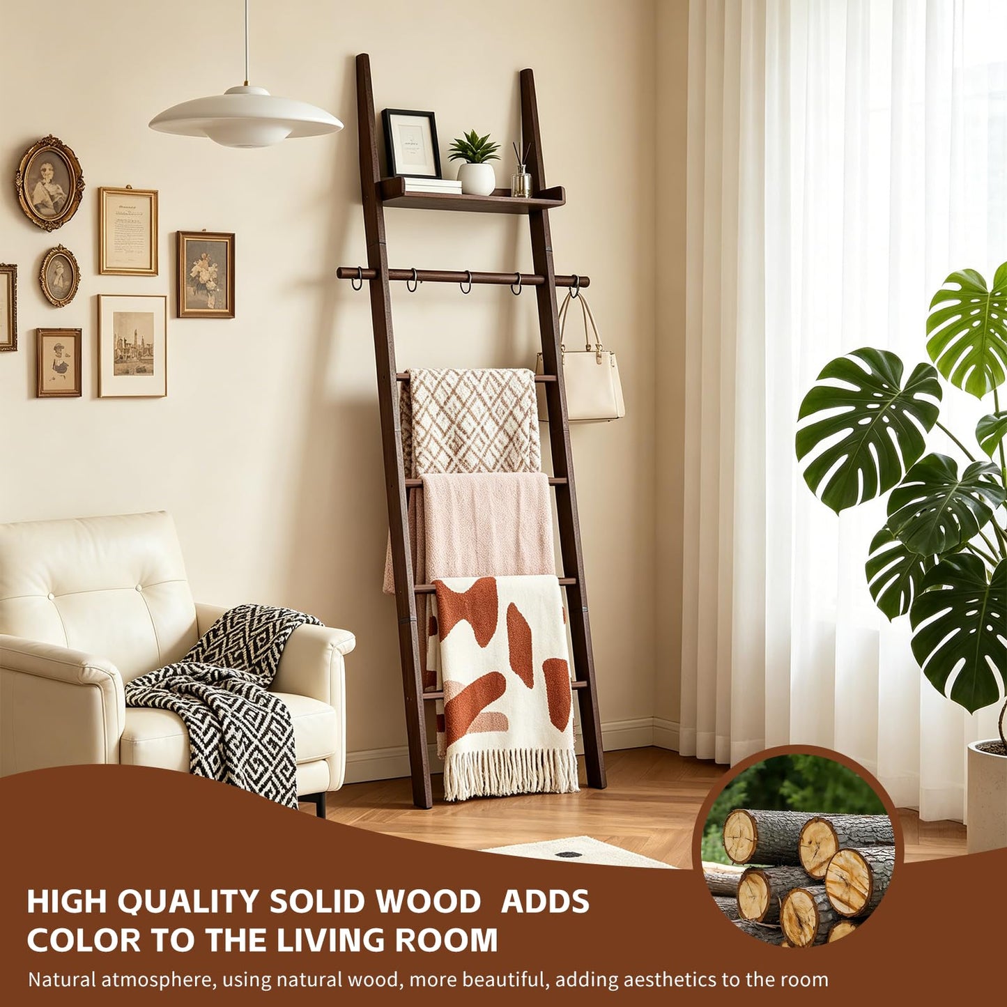 Chilinii Farmhouse Wooden Blanket Ladder with Shelf,6-Tier Rustic Quilt Towel Rack Decorative Holder Wall Leaning Storage with Removable Hooks for Home Living Room Bedroom Decor Brown