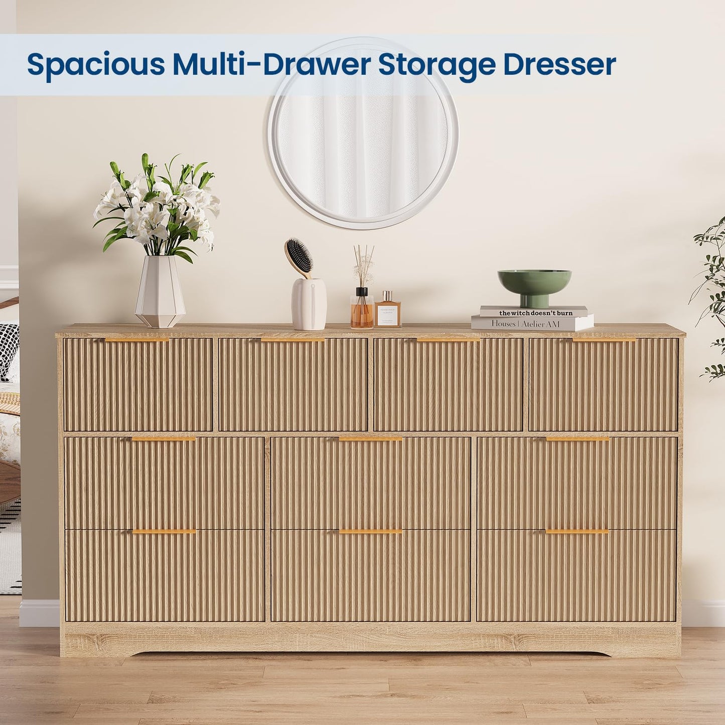 Patikuin 59" Fluted 10 Drawer TV Stand, Wooden Dresser TV Stand with Organizer Storage for Living Room, Bedroom, Office, Natural