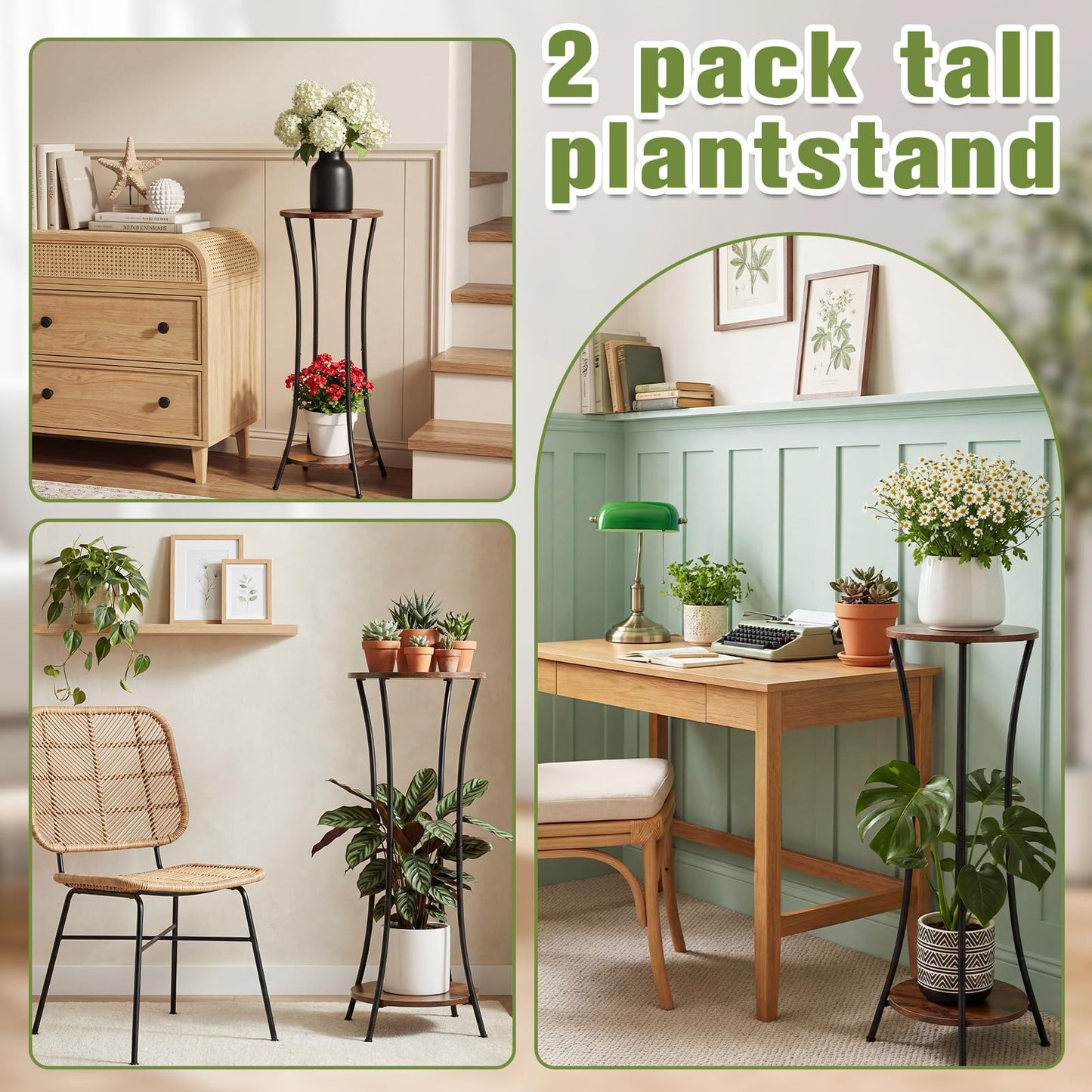 Tandefio 2 Pack 31'' Plant Stand Indoor, 2 Tier Round Potted Holder Rack, Wood Corner Flower Pot Stand Shelf for Living Room Balcony Patio Garden, Brown