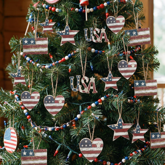Junkin 24 Pcs Patriotic Wooden Ornaments Vintage 250th Anniversary Tree Decorations Rustic Stars Hearts Flags USA Red White Blue Hanging Ornaments for Labor Day Veterans Day Christmas Tree Party Decor