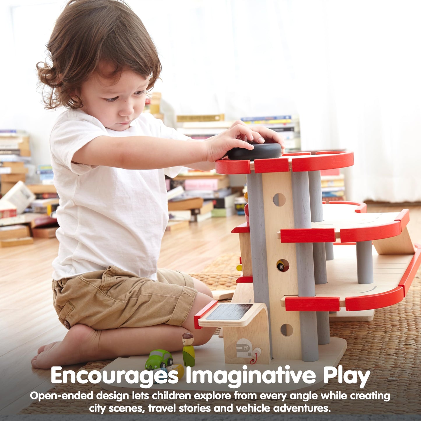 PlanToys® Parking Garage Wooden Montessori Imaginative and Creative Play Set | Problem Solving, Social Interaction and Early Coordination Activity | Eco Friendly Vehicle and Ramp Play Set