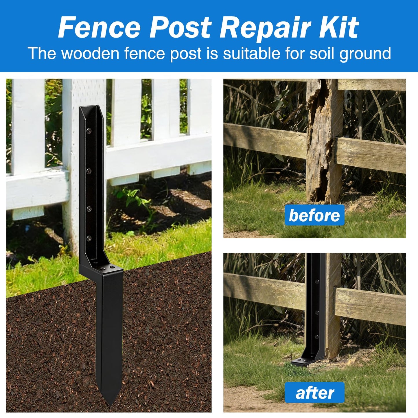 KQGY Heavy Duty Steel Fence Post Repair Bracket, Ground Spike Anchor for Fixing Leaning Broken Wooden Fence Posts, 31.5 Inch Height, Black (2)