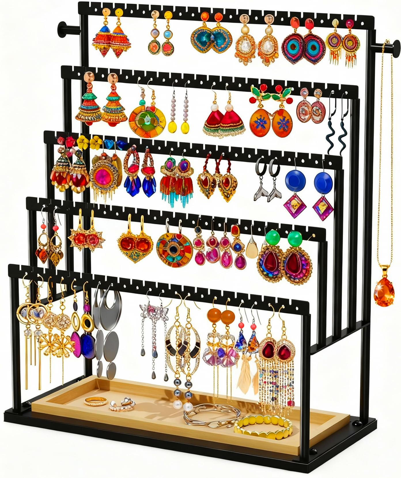 TIPSYTREE Earring Holder Organizer, 5-Tier Jewelry Display Stand with Matte Black Metal Frame and Wooden Tray, Large Earring Holder for Studs, Hoops, Dangles, Modern Jewelry Organizer for Women