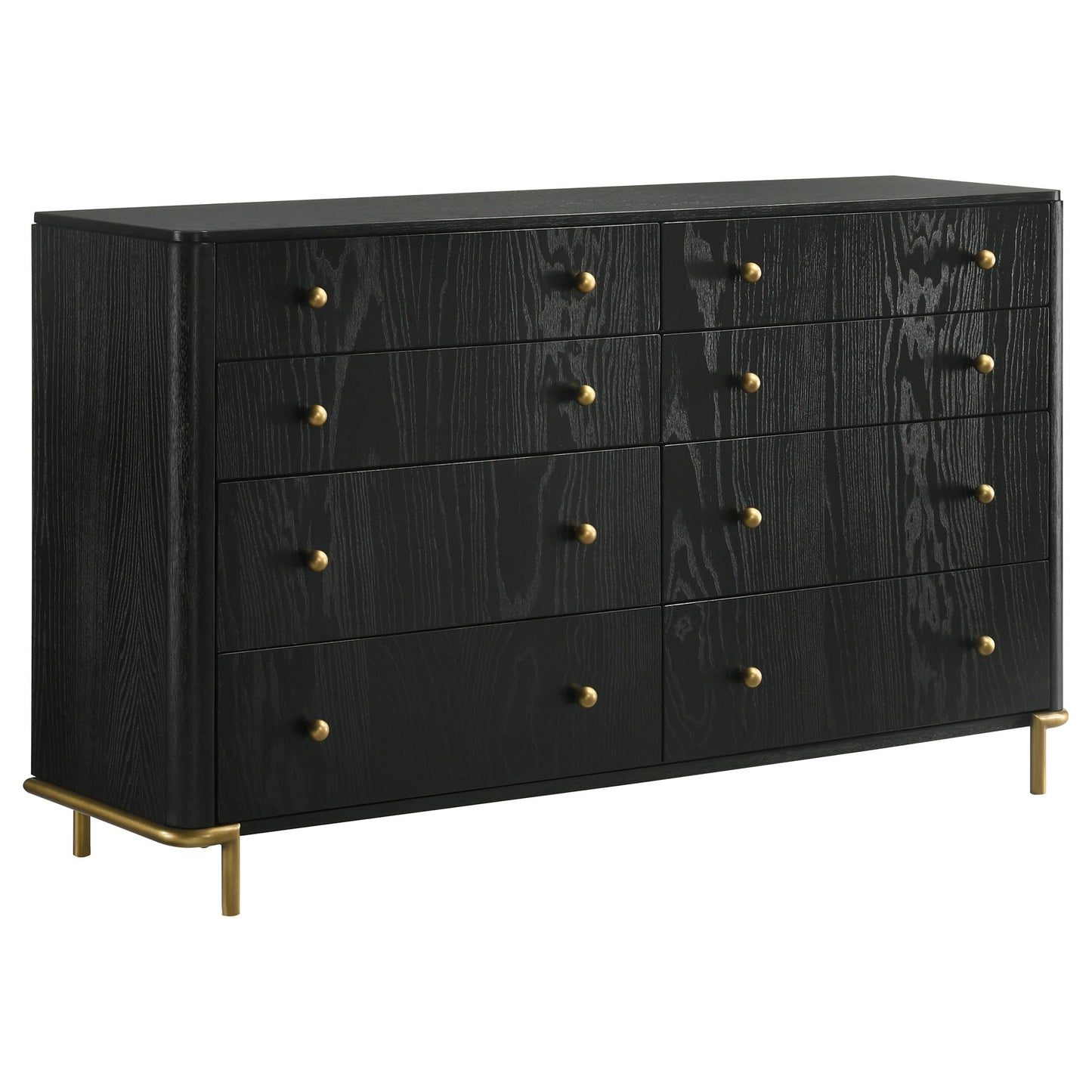 Coaster Home Furnishings - Arini - Wood - 8-Drawer Dresser with Felt-Lined Top, Round Ball Knobs, Metal Glides, Gold Base, Wire-Brushed Details, Coastal Style - Bedroom - Black - 224333
