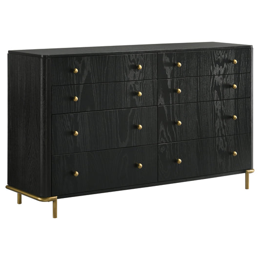 Coaster Home Furnishings - Arini - Wood - 8-Drawer Dresser with Felt-Lined Top, Round Ball Knobs, Metal Glides, Gold Base, Wire-Brushed Details, Coastal Style - Bedroom - Black - 224333
