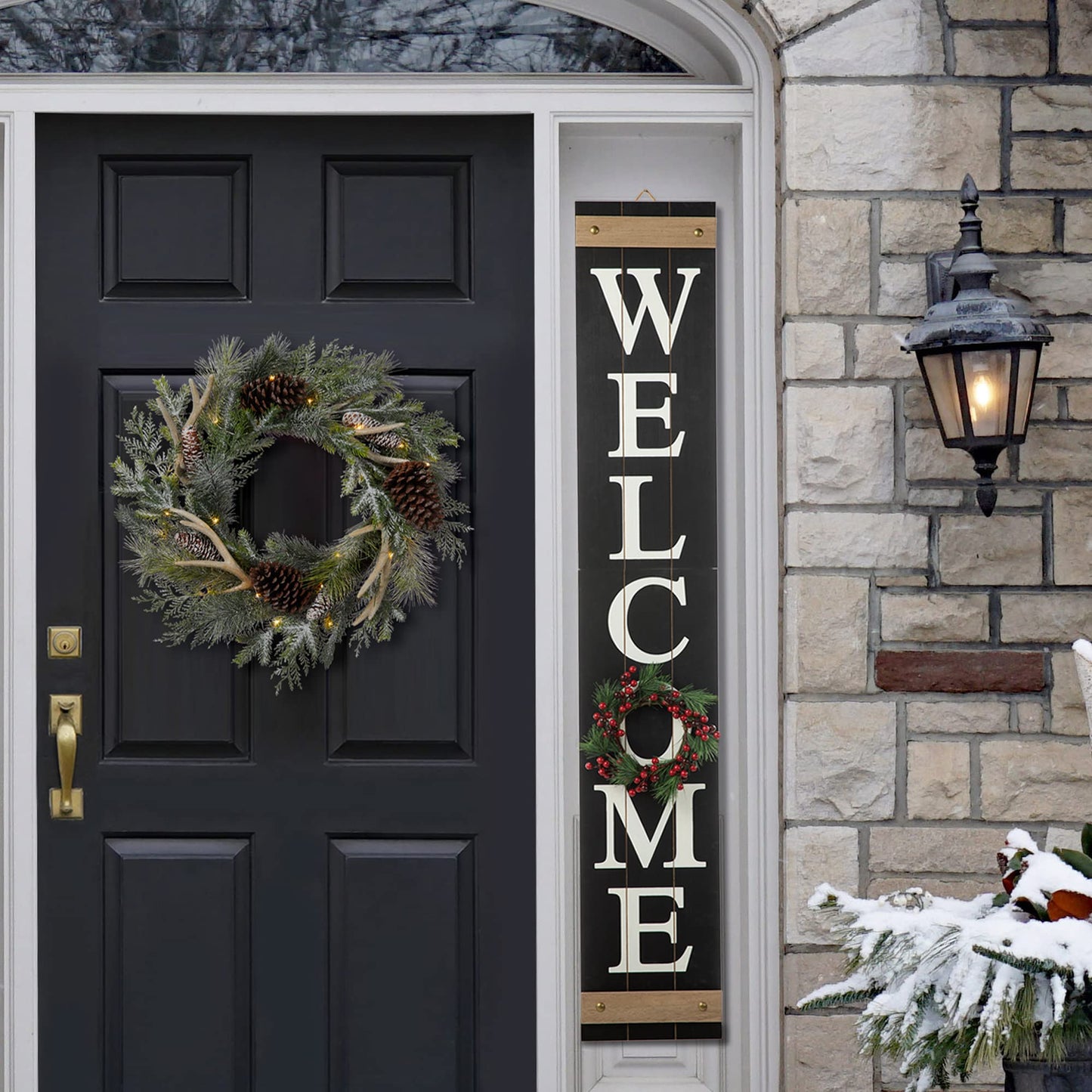 Glitzhome 5ft H Wooden Welcome Sign with 4 Interchangeable Wreaths - Spring/Patriotic/Fall/Christmas Floral Wreaths, Farmhouse Hang/Lean Wall Decor for Front Door, Porch, Yard - Solid Wood, Style3