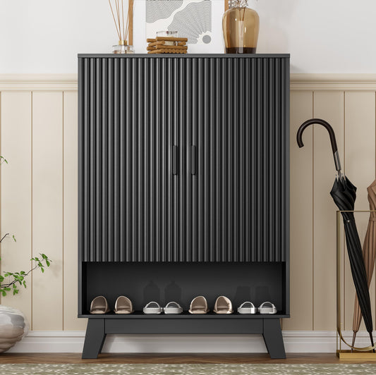 Shoe Cabinet Storage for Entryway, 5 Tier Fluted Shoe Storage Cabinet with Wooden Legs, Narrow Hidden Shoe Organizer with Adjustable Shelves, Freestanding Shoe Rack for Entryway, Hallway, Black