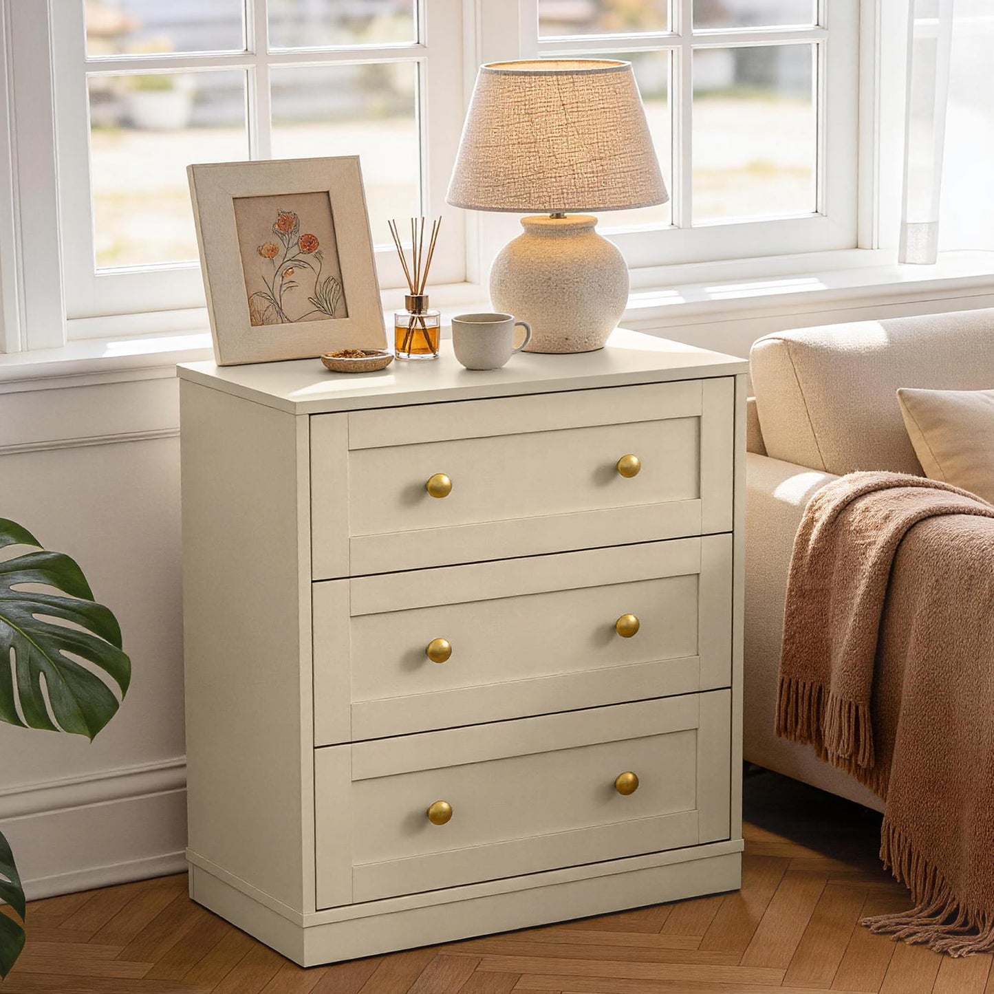 RoyalCraft Small 3 Drawer Dresser Set of 2, Beige Dresser for Bedroom, Wood Nightstand with Drawers, Modern Chest of Drawers for Closet, Living Room, Entryway