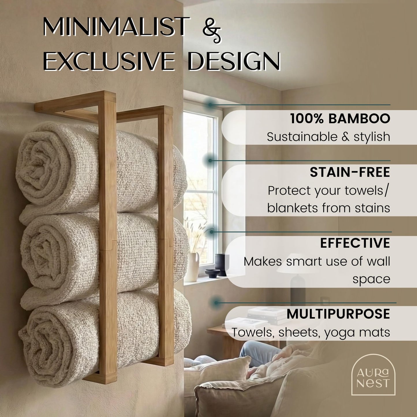 Aura Nest Bamboo Towel Racks - Vertical Wood Towel Rack Bamboo Bathroom Accessories, Storage, Wall Towel Rack for Rolled Towels for Bathroom Furniture, Spa Furniture and Decor