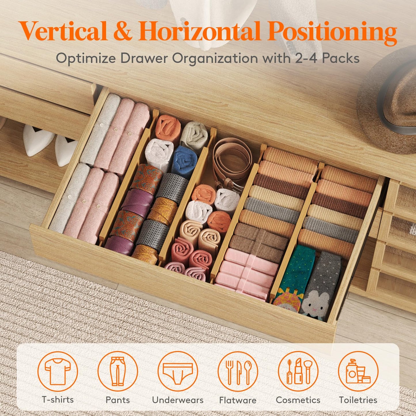 Lifewit 4" High 8 Pack Bamboo Drawer Dividers 43-54cm/17-21.5" Adjustable Wooden Drawer Organizer for Clothes/Utensils, Expandable Drawer Separator for Dresser/Kitchen/Bedroom/Office Organization
