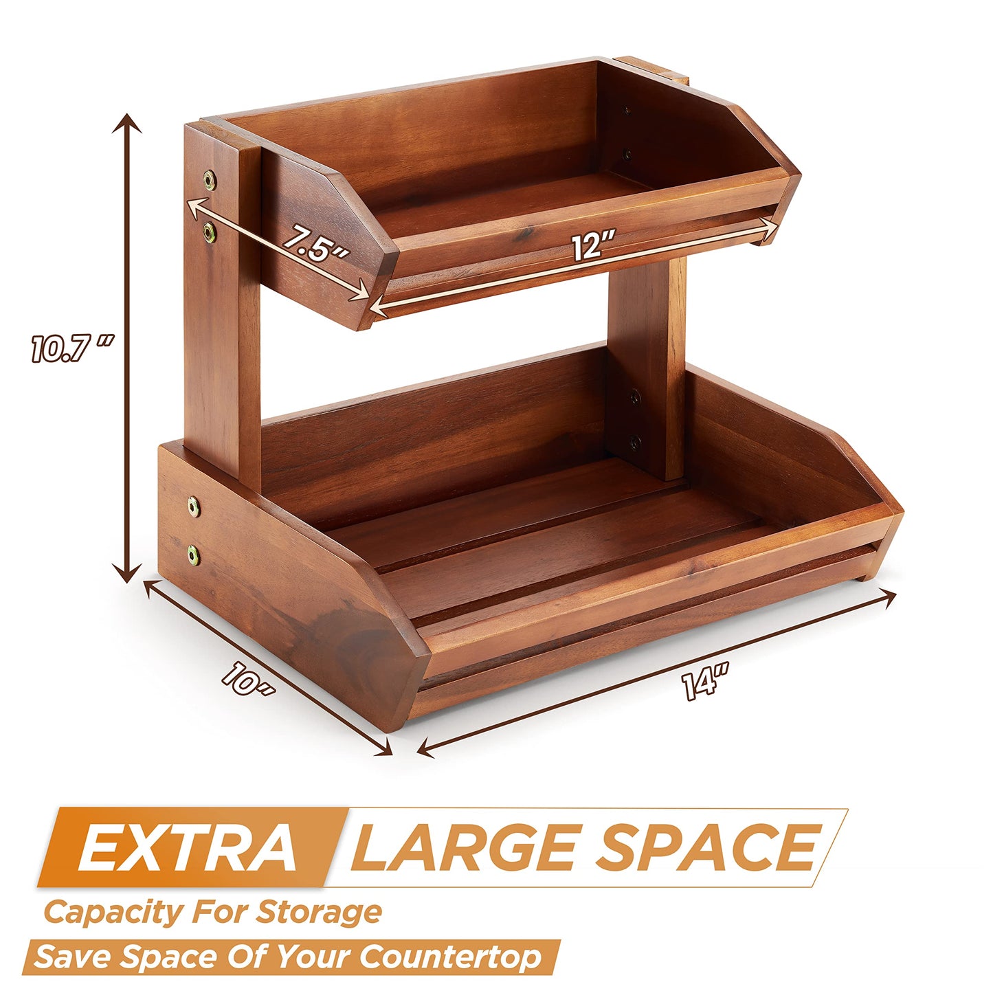 HOLANA Acacia 2 Tier Fruit Basket for Kitchen Counter Organizer – Wooden Fruit Bowl & Wooden Basket for Kitchen Counter Storage, Vegetable & Produce Storage, Snack Organizer for Countertop (Acacia)