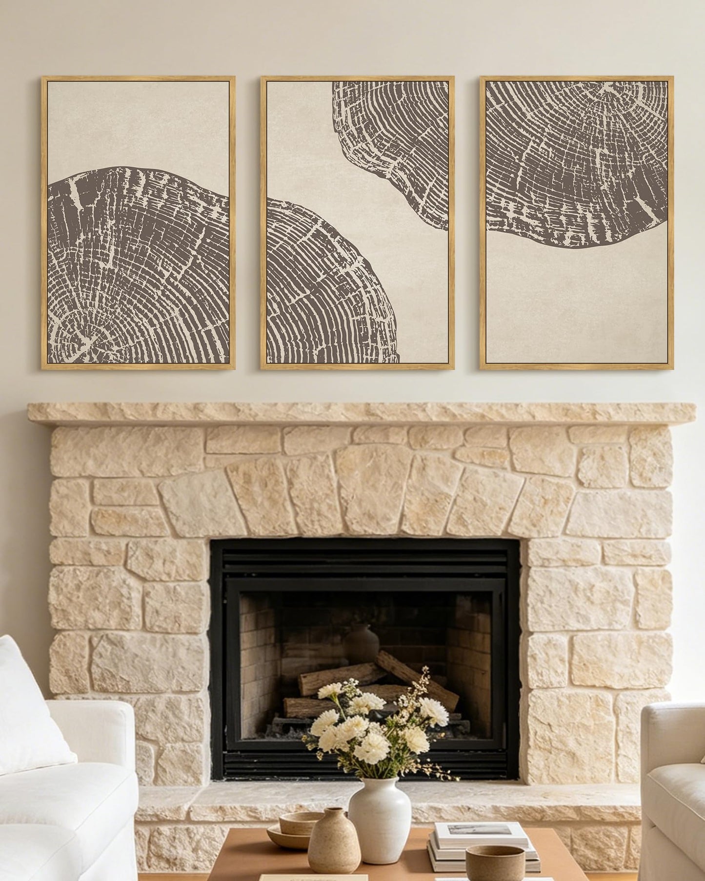 KUVIOKE Tree Rings Wood Framed Wall Art Modern Retro Beige Wood Stump Wall Decor Nature Rustic Artwork Farmhouse Home Decor 16x24in (Natural Framed)