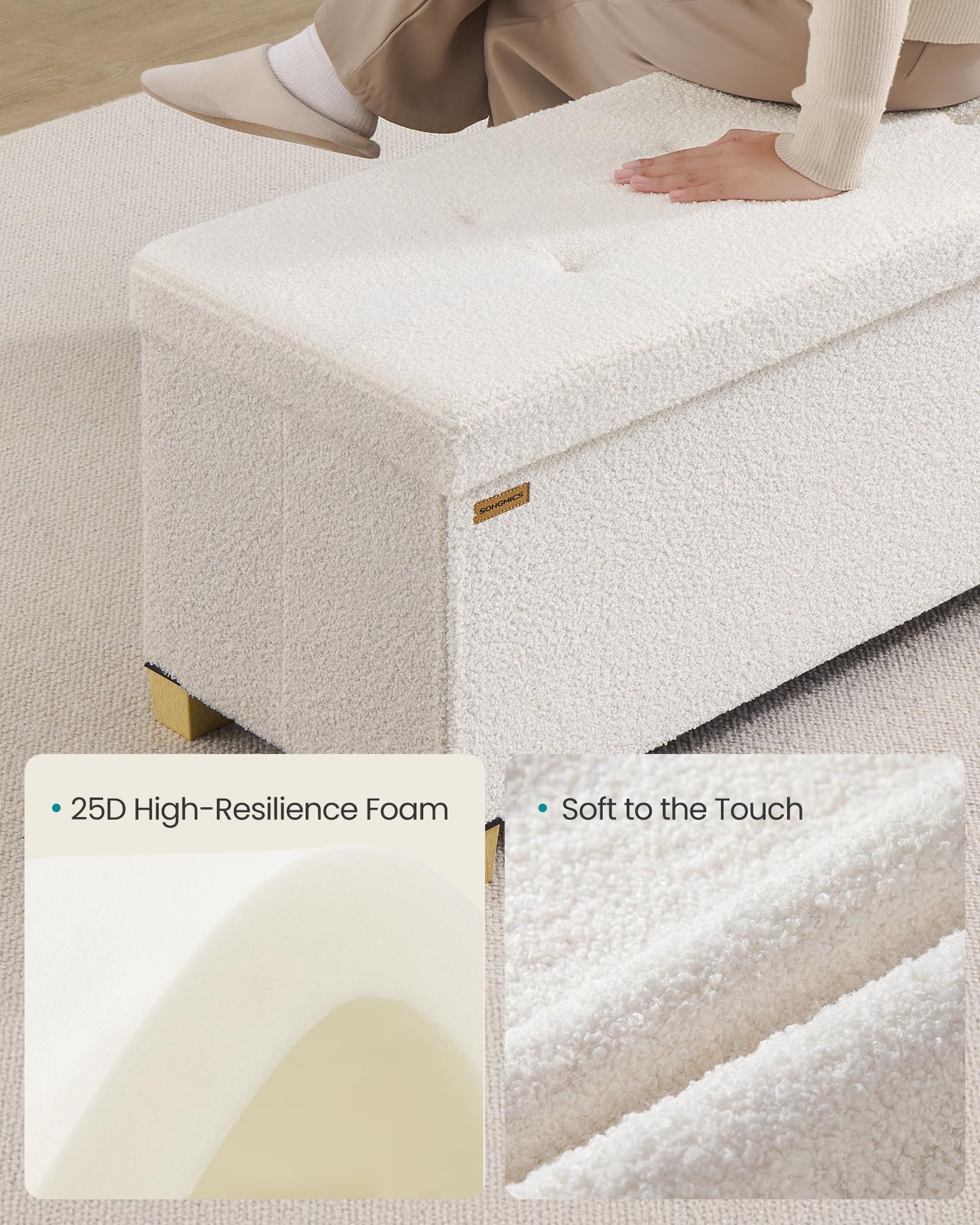 SONGMICS Storage Ottoman Bench with Legs, Folding Ottoman Foot Rest with Flipping Lid, Bench with Storage, for Living Room, Bedroom, Entryway, Teddy Fleece, 43.3 Inches, Cream White ULSF081WD01