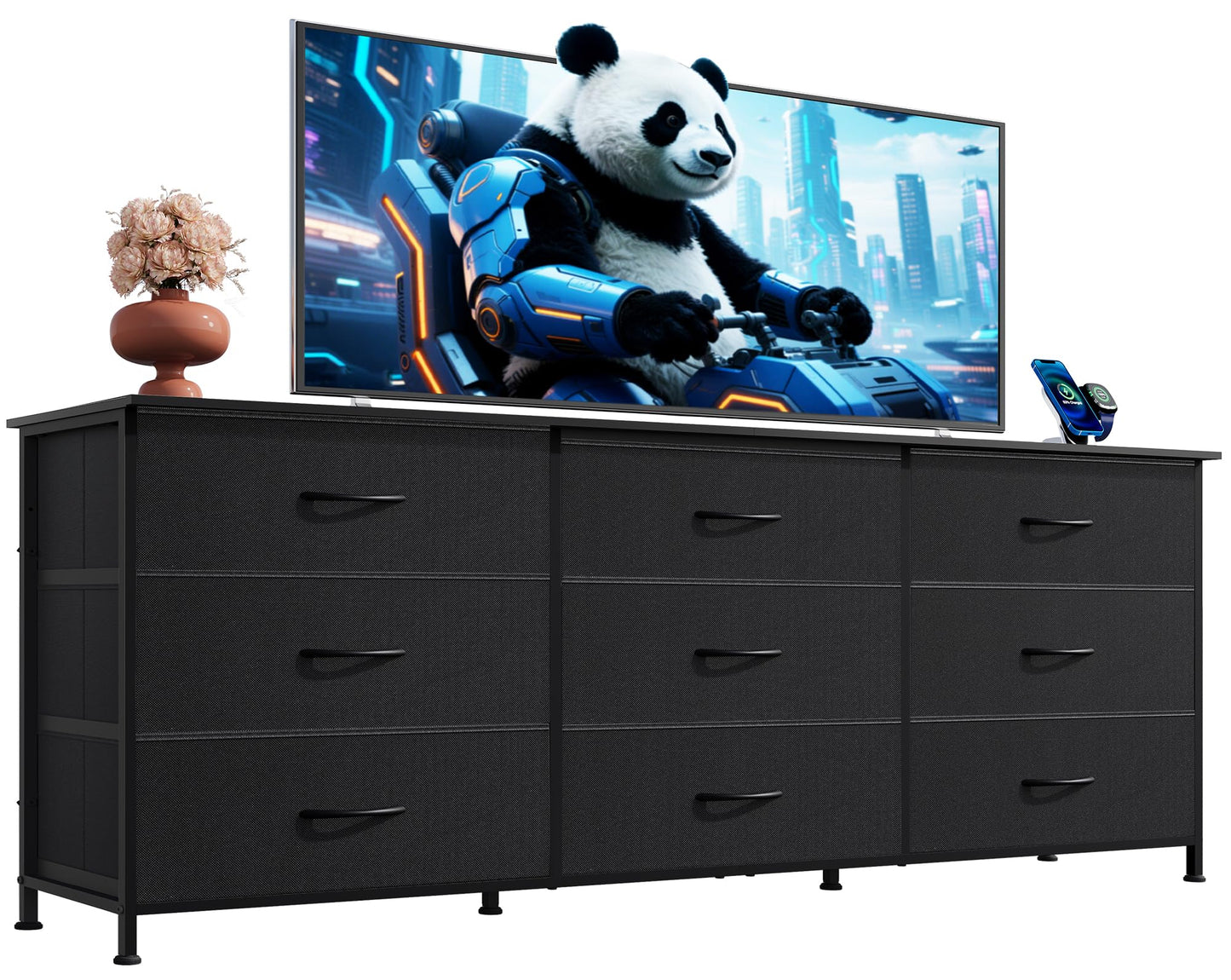 WLIVE 63''W Dresser for Bedroom, Black Dresser TV Stand for 65, 70, 75 inch TV, Wide Chest of Drawers with 9 Drawer, Large Entertainment Center, Fabric Dressers with Wood Top for Closet, Living Room