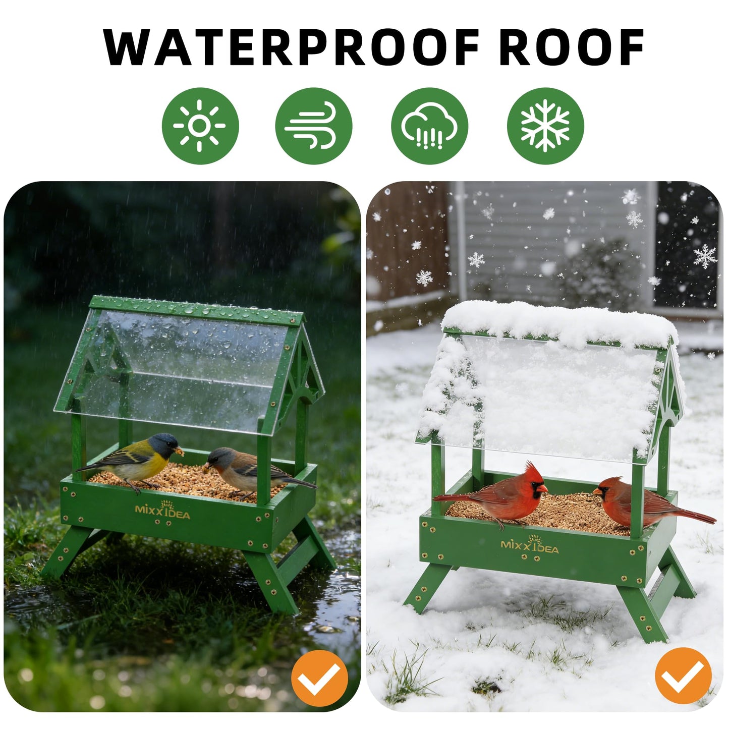 MIXXIDEA Ground Bird Feeder for Outdoors - Bird Feeder with shelter for Bird &Squirrel Wooden Chicken Picnic Table Platform Feeder Wild Bird Feed Crow Feeder for Outside with 5 LBS Capacity