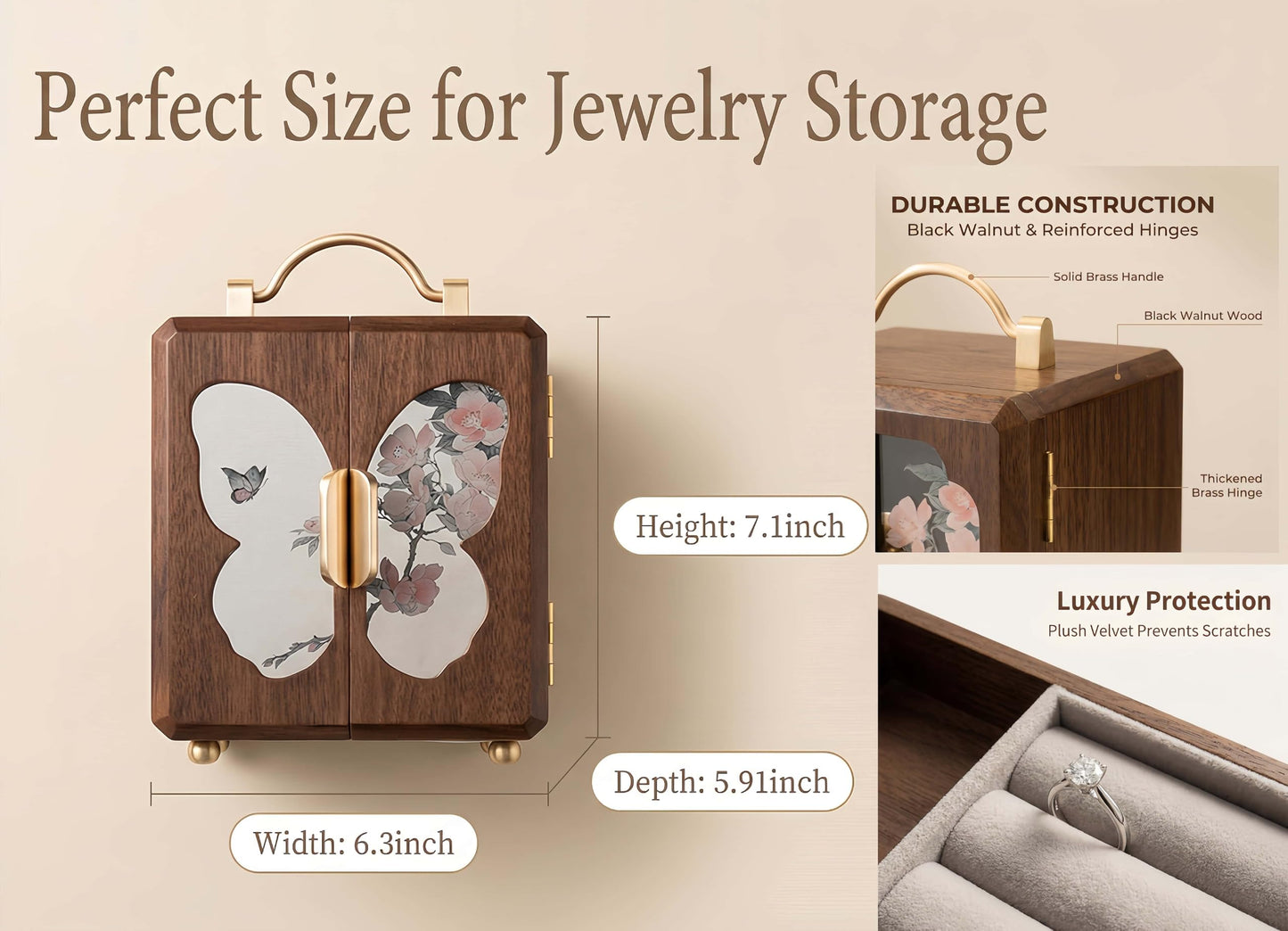 XYittkl Black Walnut Jewelry Box, Handmade Wooden Jewelry Organizer, 4-Layer Jewelry Holder with Velvet & Gold Handle, Gift for Women Mother's Day Anniversary Birthday, Mirrored Butterfly Design