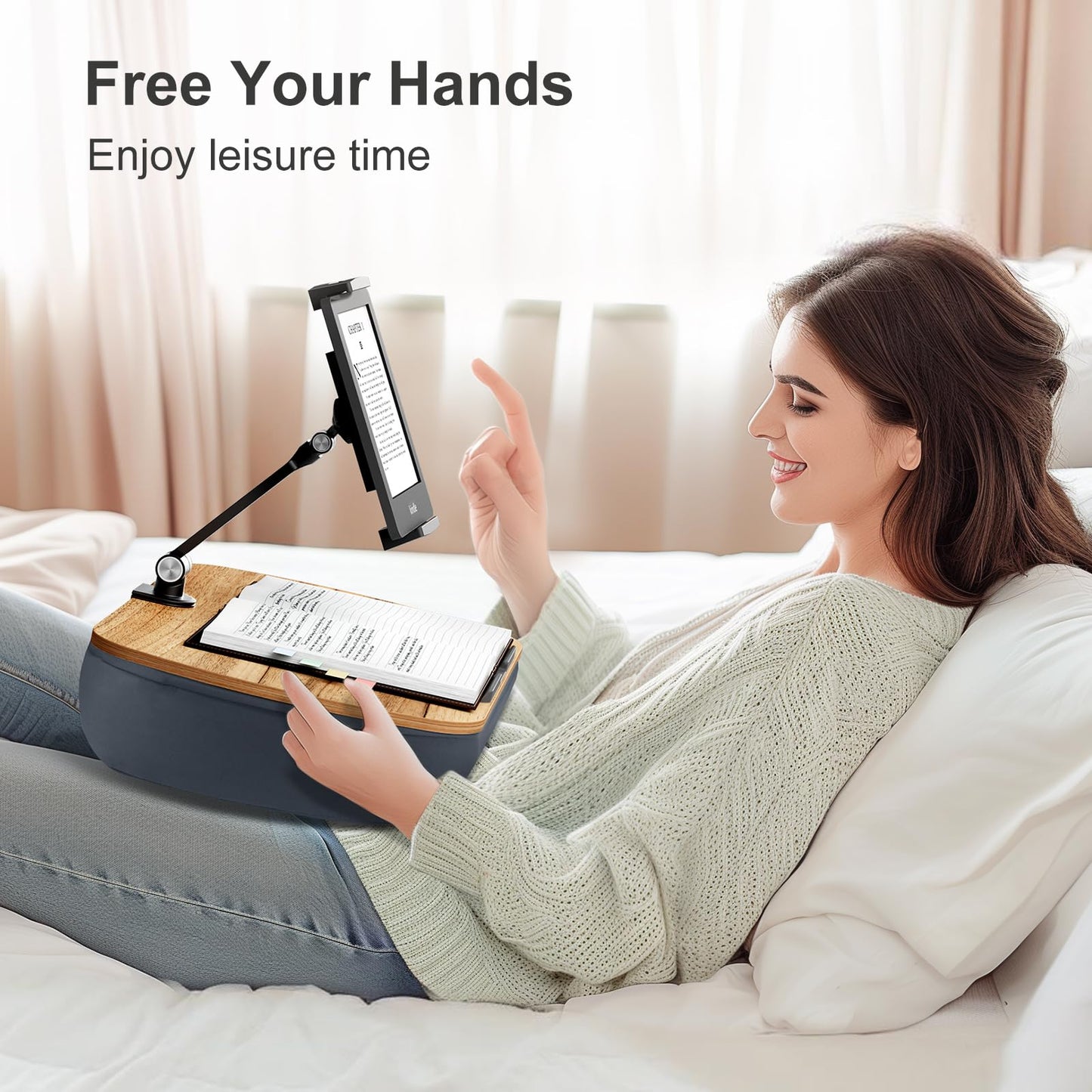 ERGONOV Lap Cozy Kindle Pillow Stand for Bed with Adjustable Arm, 360° Tablet Holder, Fits 4.7"-13" Kindle, iPad, Phone, Lap Desk for Hands Free Reading in Bed, Couch, Sofa,Gray