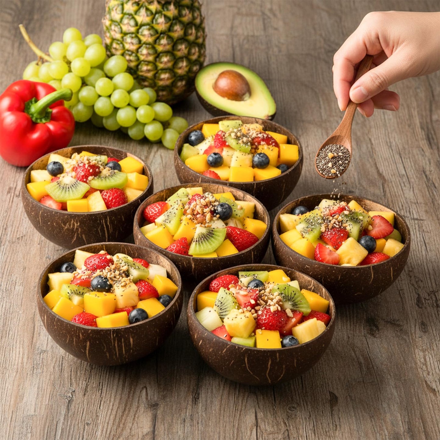 PercyEffie 14 Pcs Coconut Shell Bowls, Polished Wooden Bowls Natural for Acai Salad and Vegan Gifts Vegan Gifts Kitchen Decor