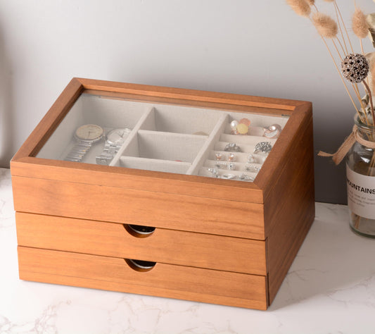 Clasin Home Jewelry Box with Glass Lid, 3 Layer Jewelry Organizer for Women, Solid Wooden Jewelry Box Display for Ring Earrings Necklace Bracelet, Pine Wood Jewelry Boxes Vintage Style for Gifts