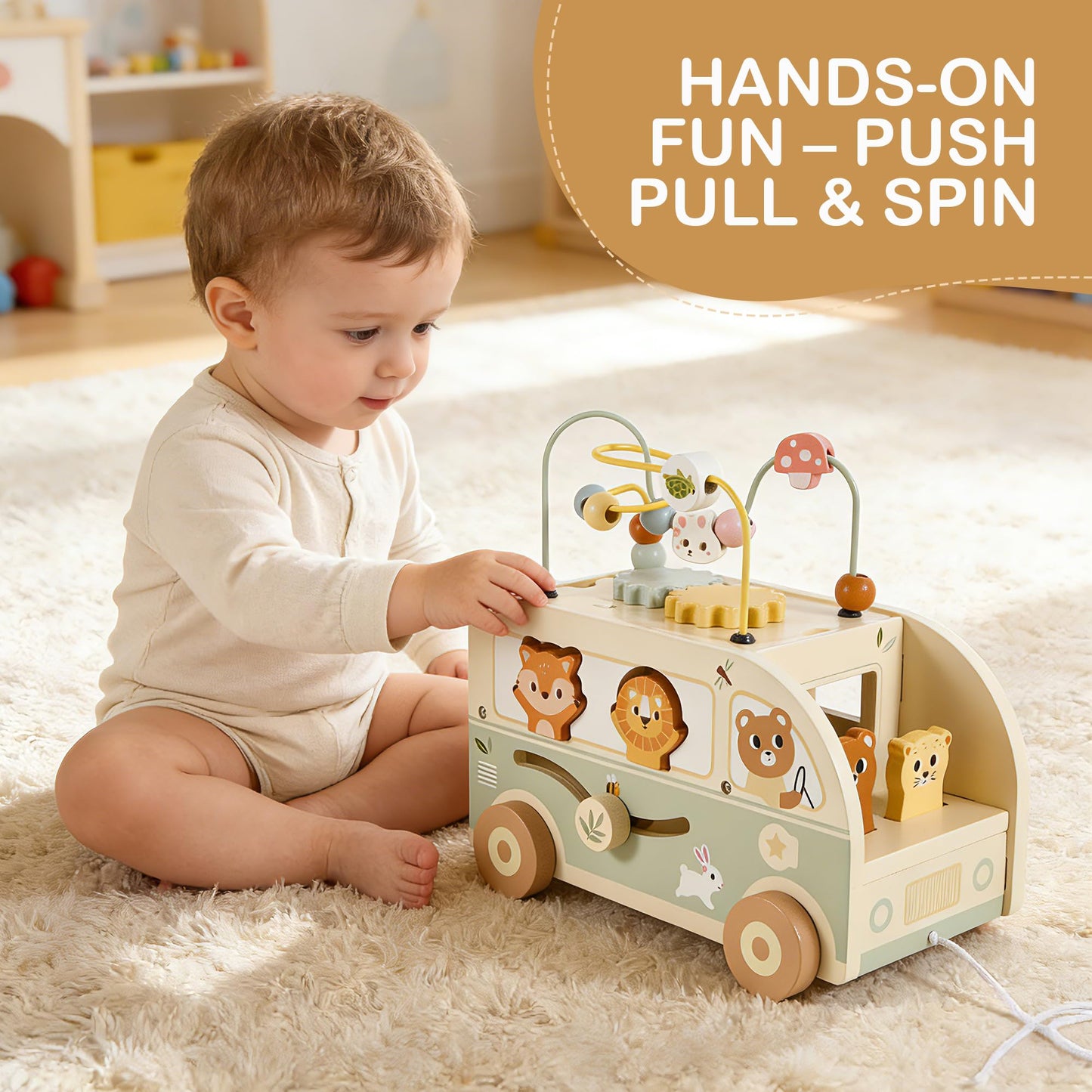Pithfor Wooden Montessori Toys for 1 Year Old, Push & Pull Car Toys for Baby Toddlers 1 2 3 Year Old, 1st First Birthday Gift for Boys Girls, with Bobbling Driver & Bead Maze