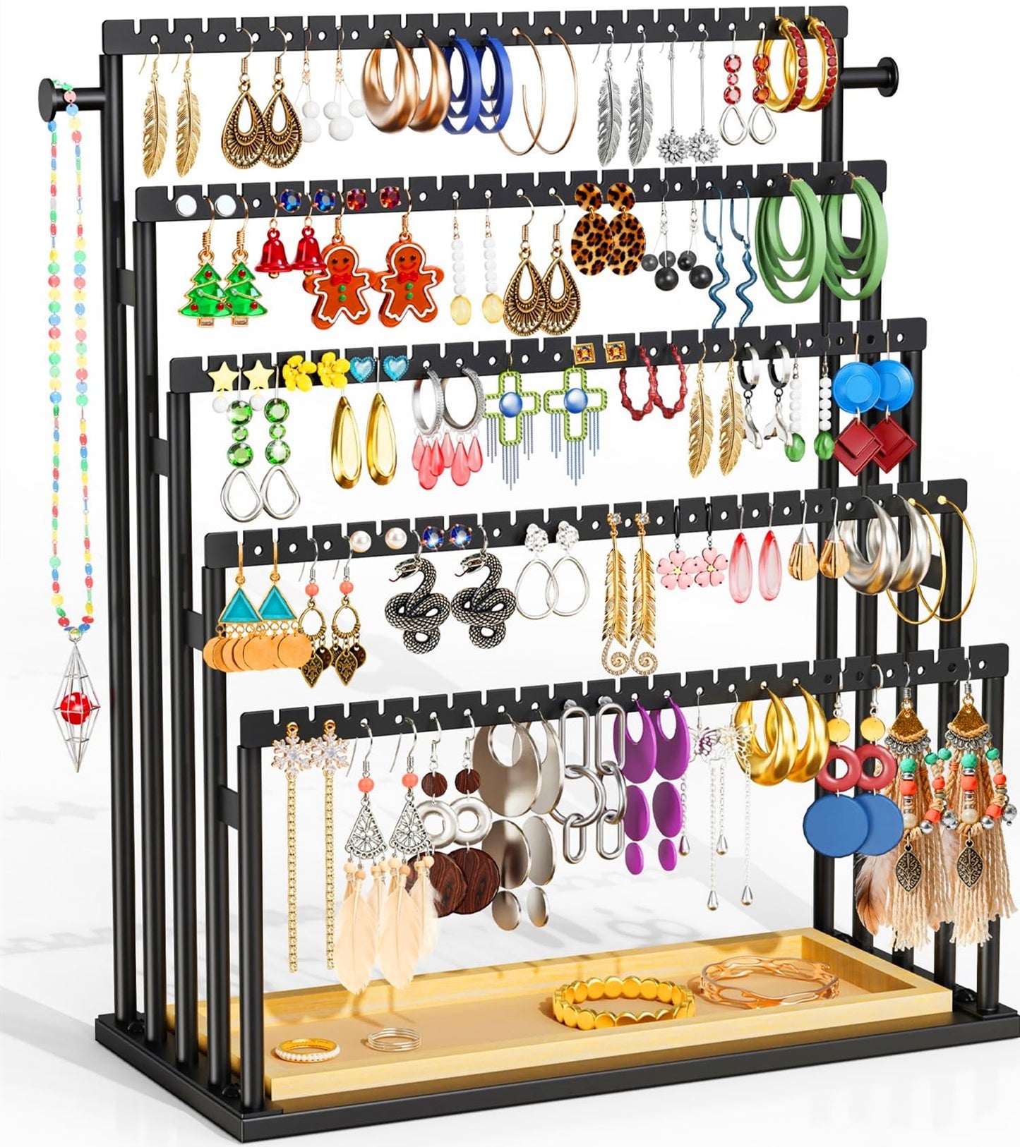 TIPSYTREE Earring Holder Organizer, 5-Tier Step Jewelry Display Stand with Metal Frame and Wooden Storage Organizer, Large Earring Holder for Studs, Hoops, Dangles, Modern Jewelry Organizer for Women