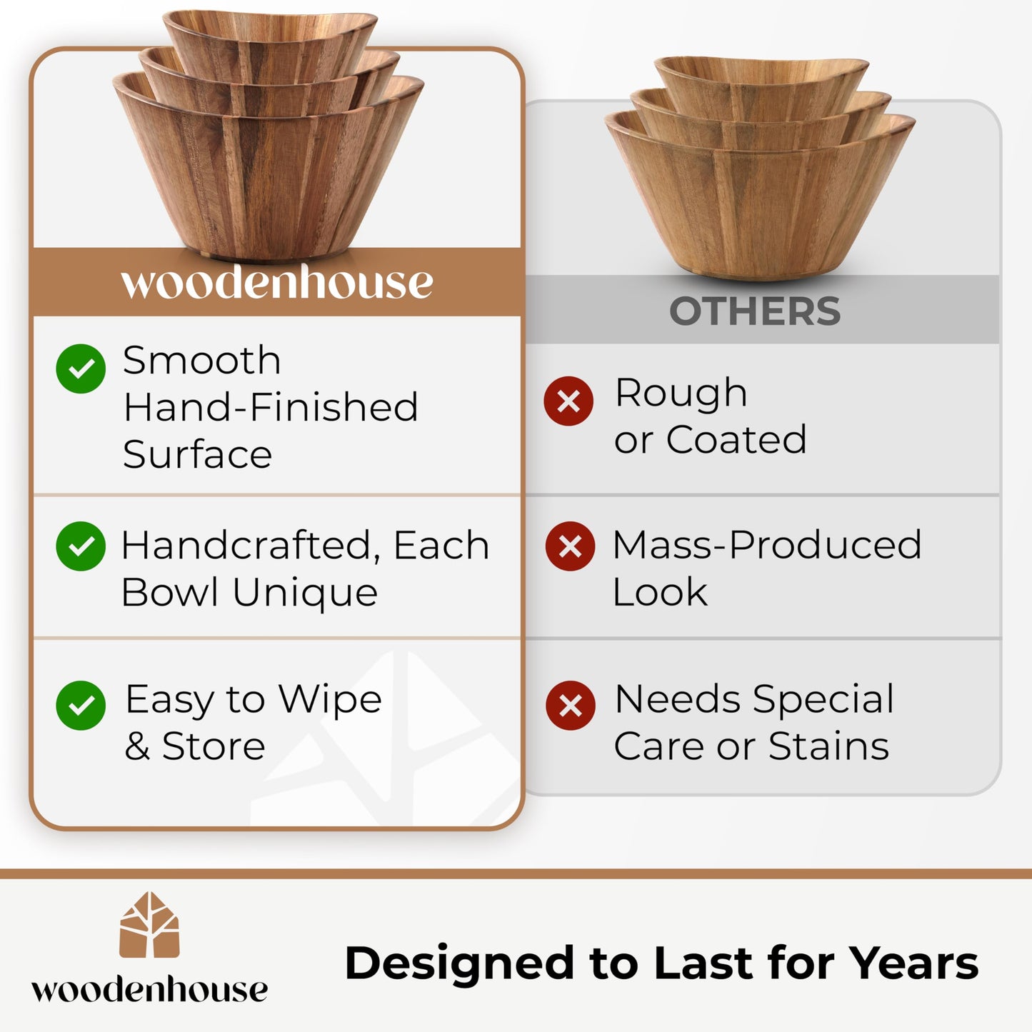 Woodenhouse Wooden Salad Bowl Set, Salad Bowls Set of 3 - Wavy Design Salad Bowl Set for Serving, Handmade, Durable and Stylish Natural Wood Dining Accessory