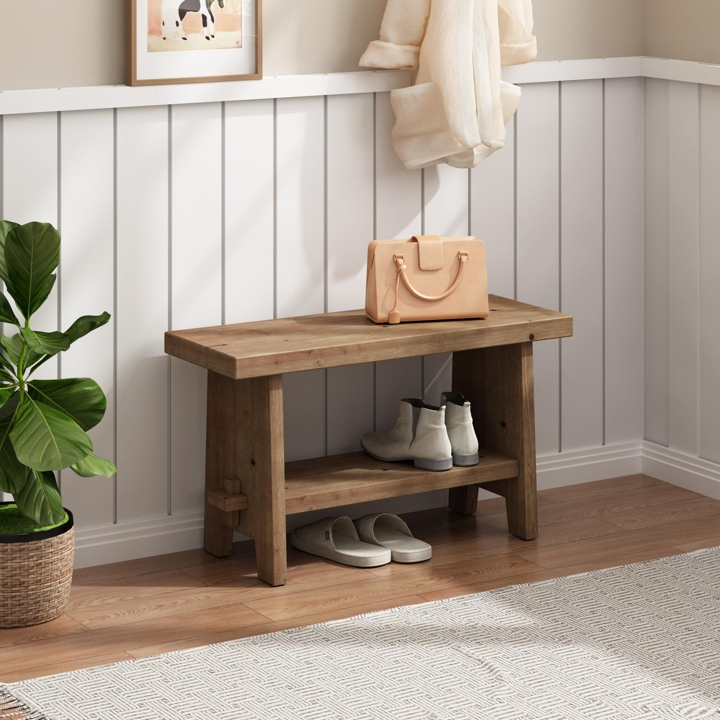 HOKYHOKY Solid Wood Entryway Bench - 31.5" Farmhouse Small Storage Bench, Rustic Narrow Bench Seat for Indoor, Entryway, Dining Room, Living Room and Hallway, Brown