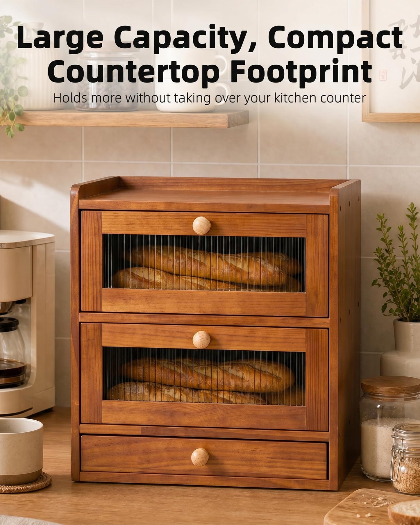 Natapai Wooden Bread Storage Box For Kitchen Countertops, Double-Layered Large-Capacity Bread Box With Acrylic Viewing Window And Cutlery Storage Box-Cherry Wood Color