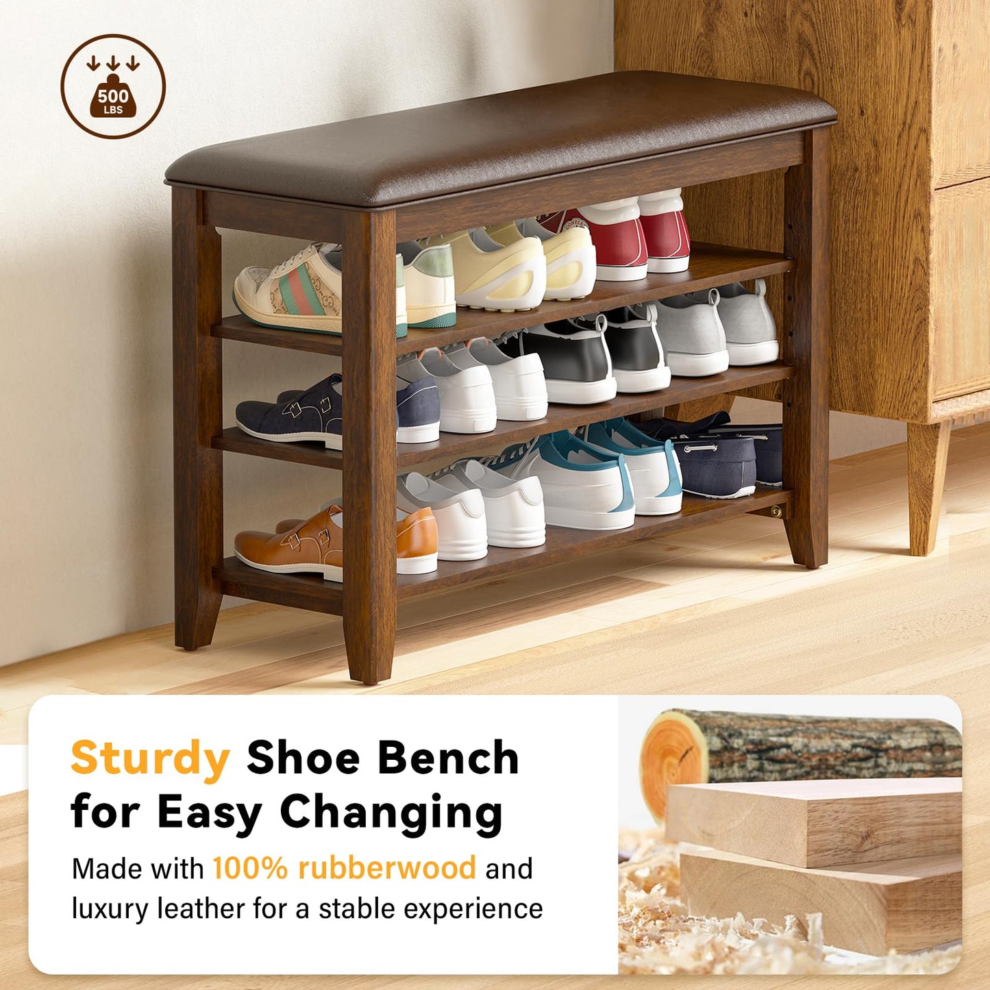 Taitiy Entryway Shoe Storage Bench with Leather Cushion + Solid Wood Clothes Rack with 2 Shelves