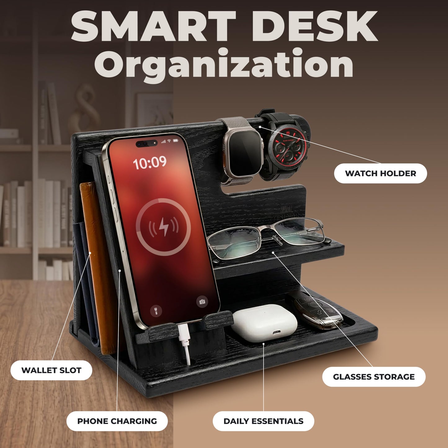 TESLYAR Wood Phone Docking Station for Men - Desktop or Nightstand Organizer - Birthday Gifts for Men, Dad - Anniversary Idea from Wife - Key Holder, Stand Wallet, Watch & Essentials (Granite Black)