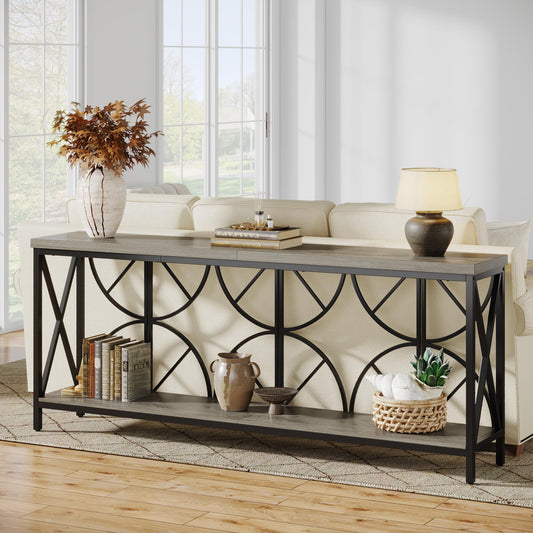 Celaform 70.9-Inch Extra Long Sofa Table, Narrow Console Table Behind Couch with Storage for Entryway, Living Room, Entrance, Hallway, Foyer, Unique Geometric (Grey)
