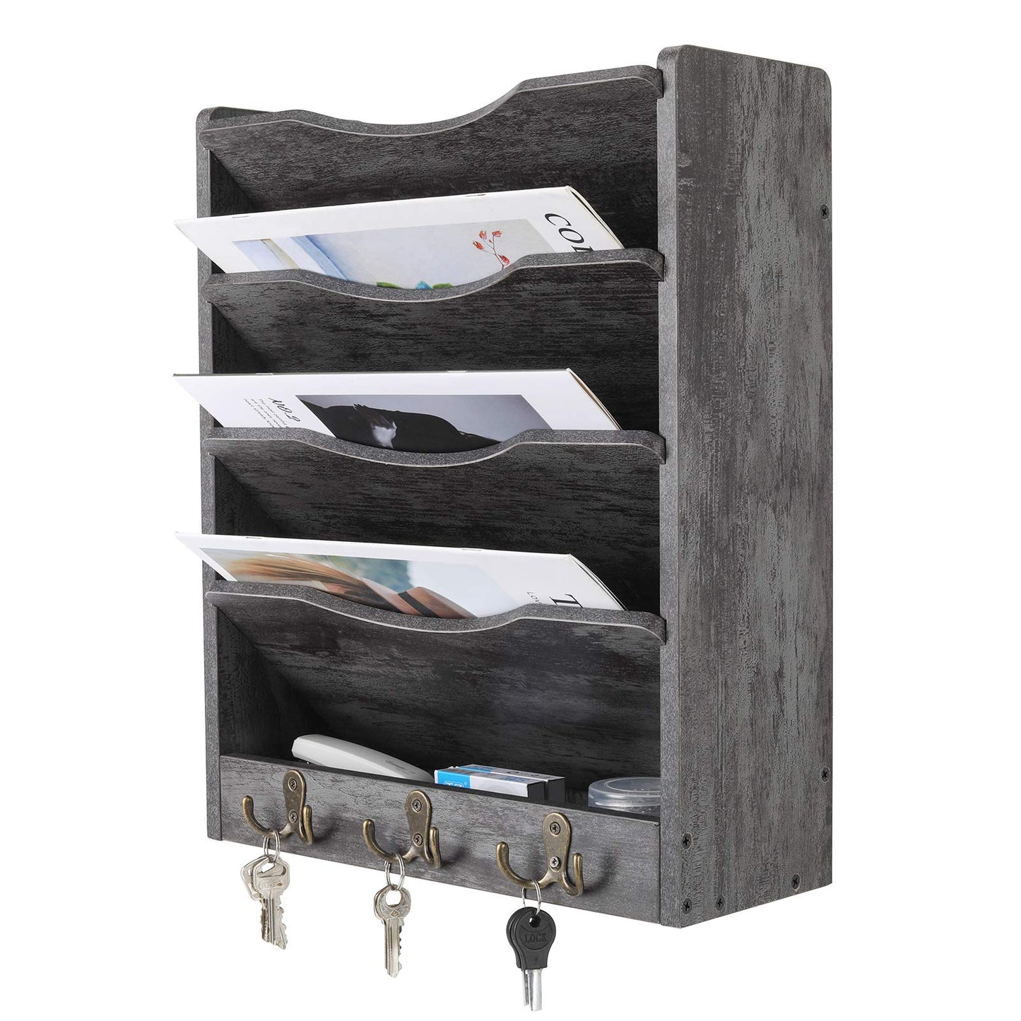 PAG 5-Tier Wall File Holder Hanging Mail Organizer Wood Magazine Literature Rack with 6 Hooks, Dark Gray