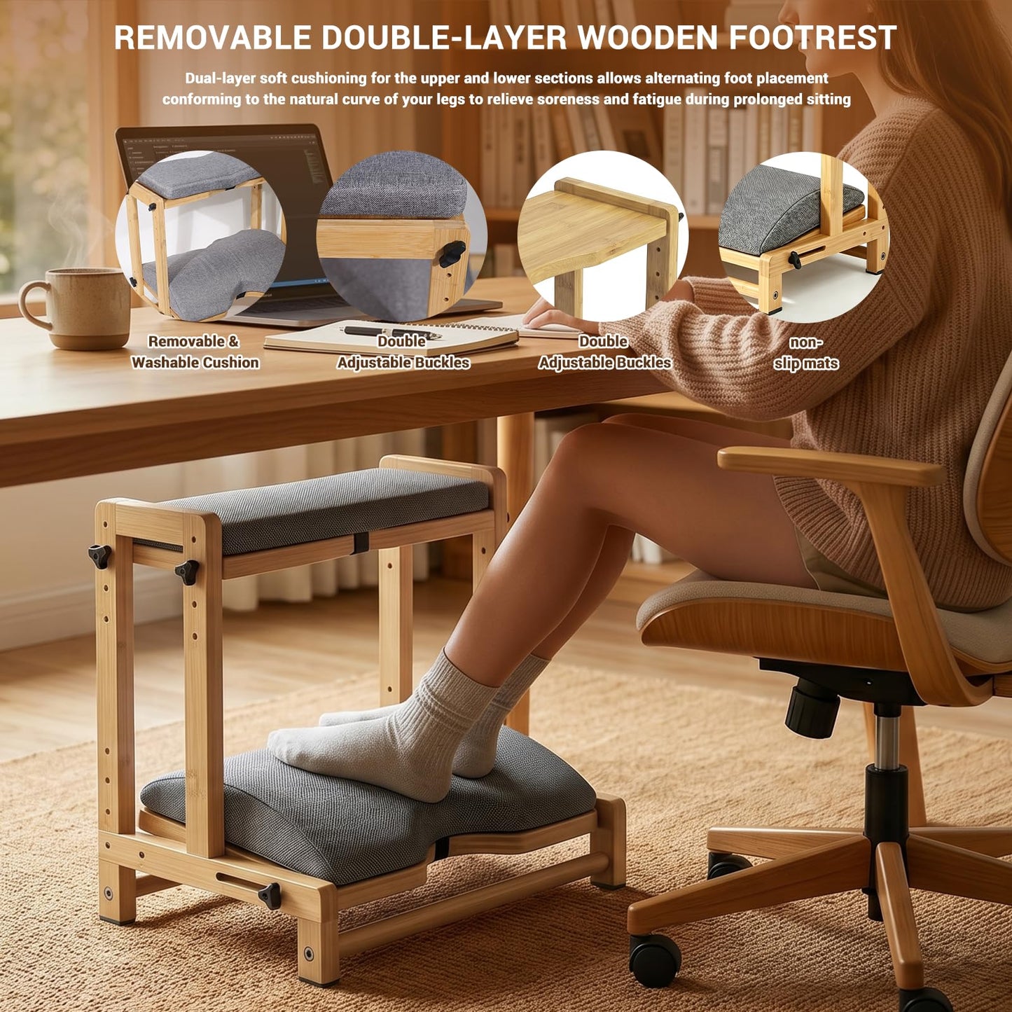 Double Foot Rest Under Desk, Adjustable Wooden Under Desk Footrest with Cushion, Ergonomic Foot Stools for Office, Gaming & Study, Relieve Leg Hip & Back Pressure, Improve Circulation