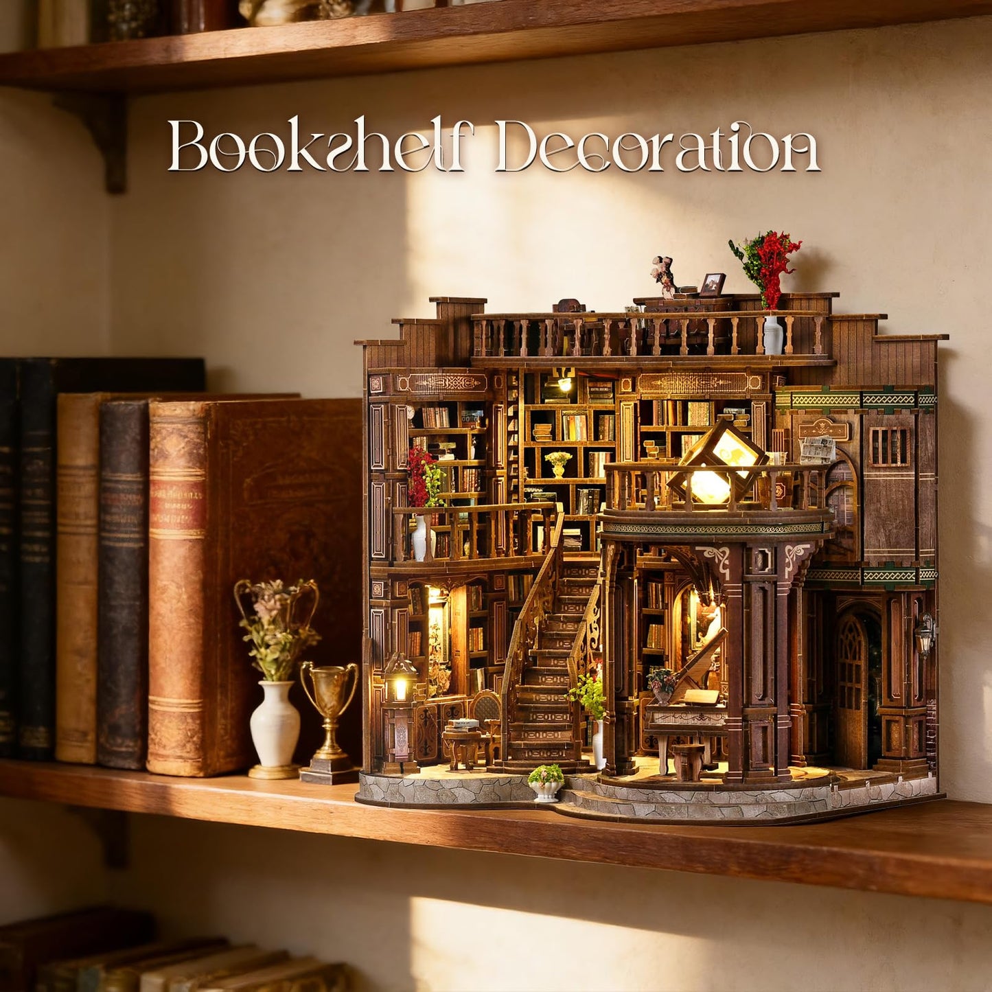 DIY Book Nook Kit, 3D Wooden Puzzle Miniature Booknook Bookend Bookshelf Decor with LED Light,Cherry Blossom Bookstore Bookshelf Insert Booknook, Book Nook Kits for Adults