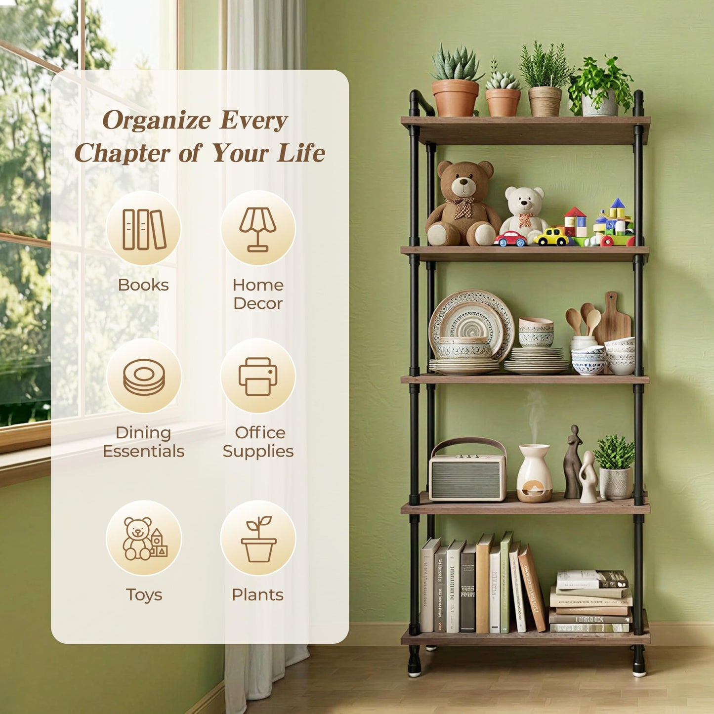 Anynice Industrial Bookshelf, Rustic Open Bookcase, 5 Tier Wood and Metal Bookshelf, Solid Pine Wood and Iron Pipe Tall Narrow Storage Shelf for Living Room Bedroom Office Kitchen
